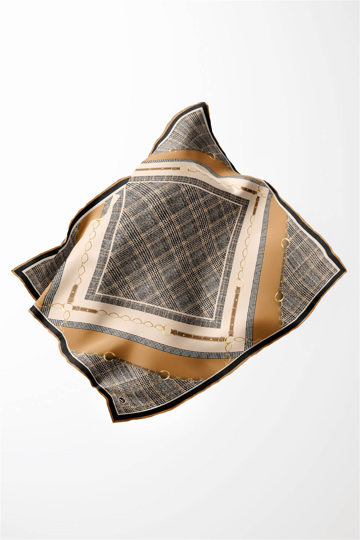 Twill Kemer ve Zincir Detaylı Ekose Desenli Hardal Renkli 90x90 Eşarp (İpek İçermez) Kenar Dikiş Şekli El Dikişli