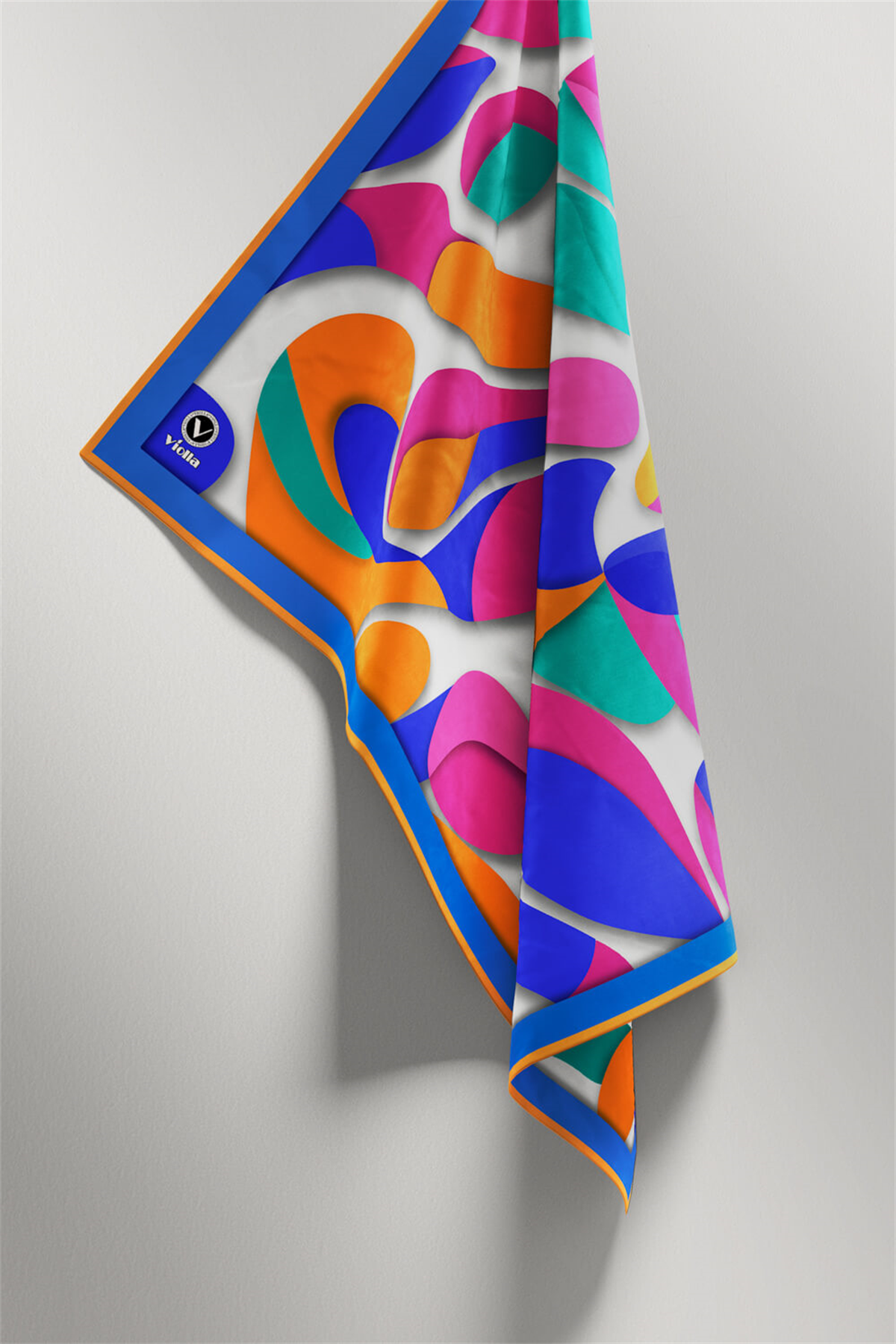 Twill Soyut Geometrik Desenli Saks - Turuncu Renkli 90x90 Eşarp (İpek İçermez) Dikim Şekli : El Dikişi