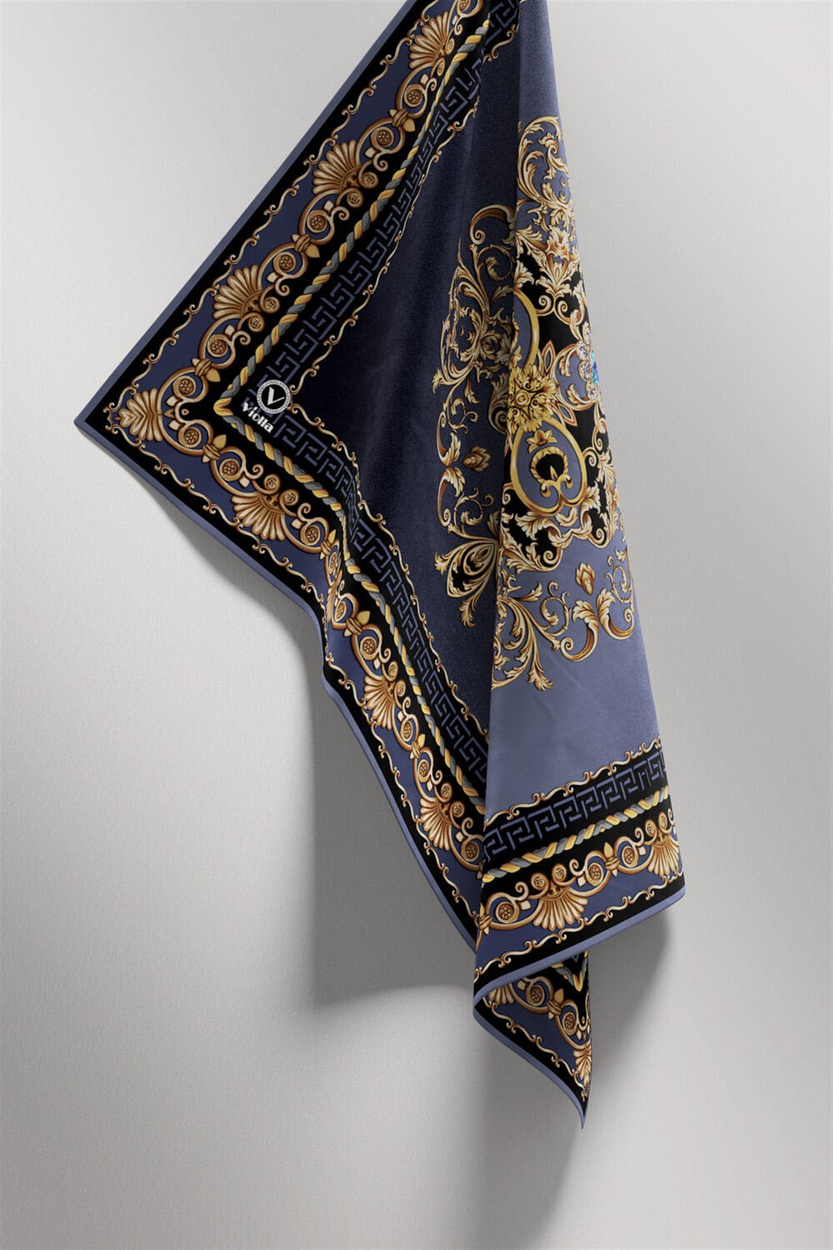 Twill Barok Desenli İndigo Renkli 90x90 Eşarp (İpek İçermez) Dikim Şekli : El Dikişi