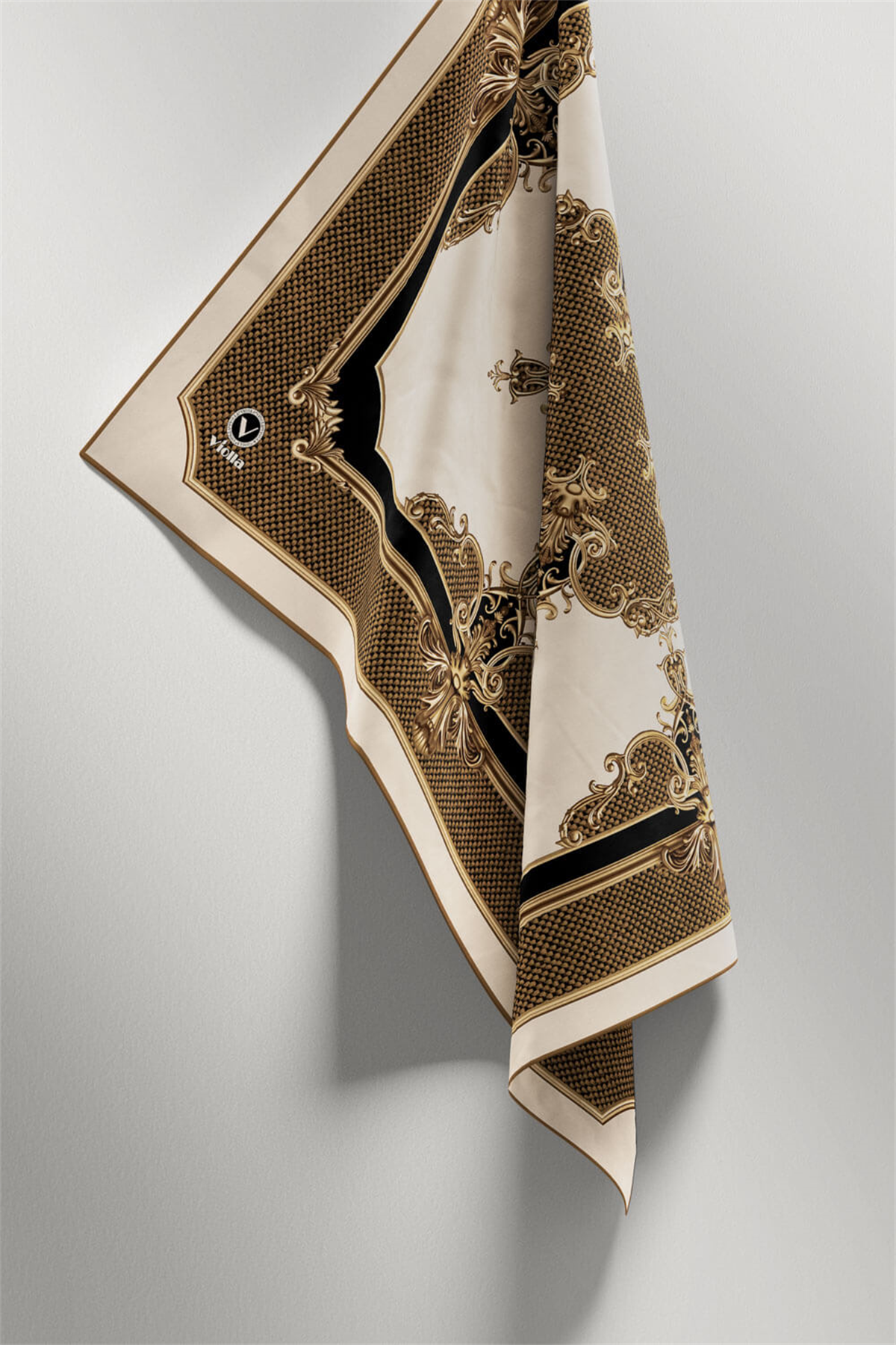 Twill Barok Desenli Hardal Renkli 90x90 Eşarp (İpek İçermez) Dikim Şekli : El Dikişi