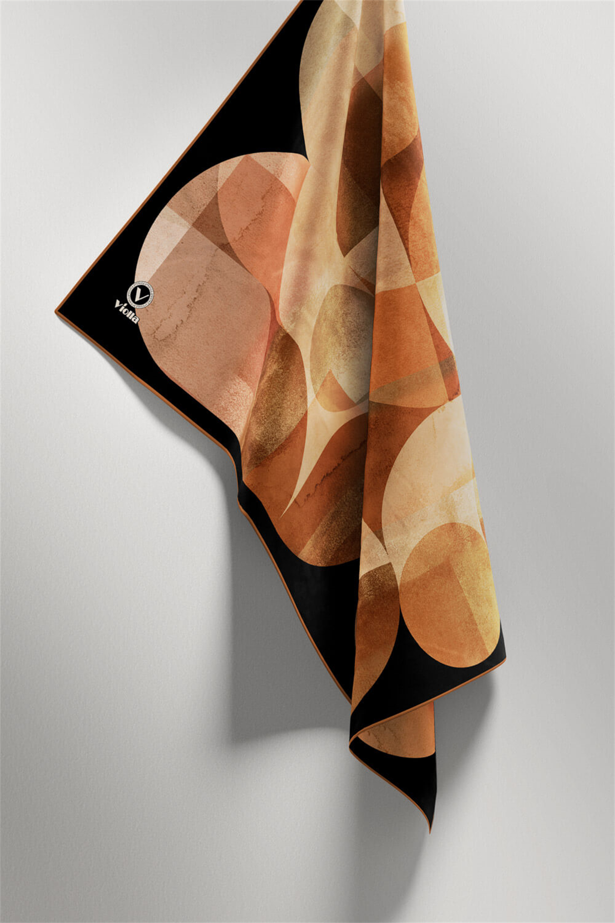 Twill Geometrik Desenli Taba Renkli 90x90 Eşarp (İpek İçermez)Kenar Dikiş Şekli El Dikişli