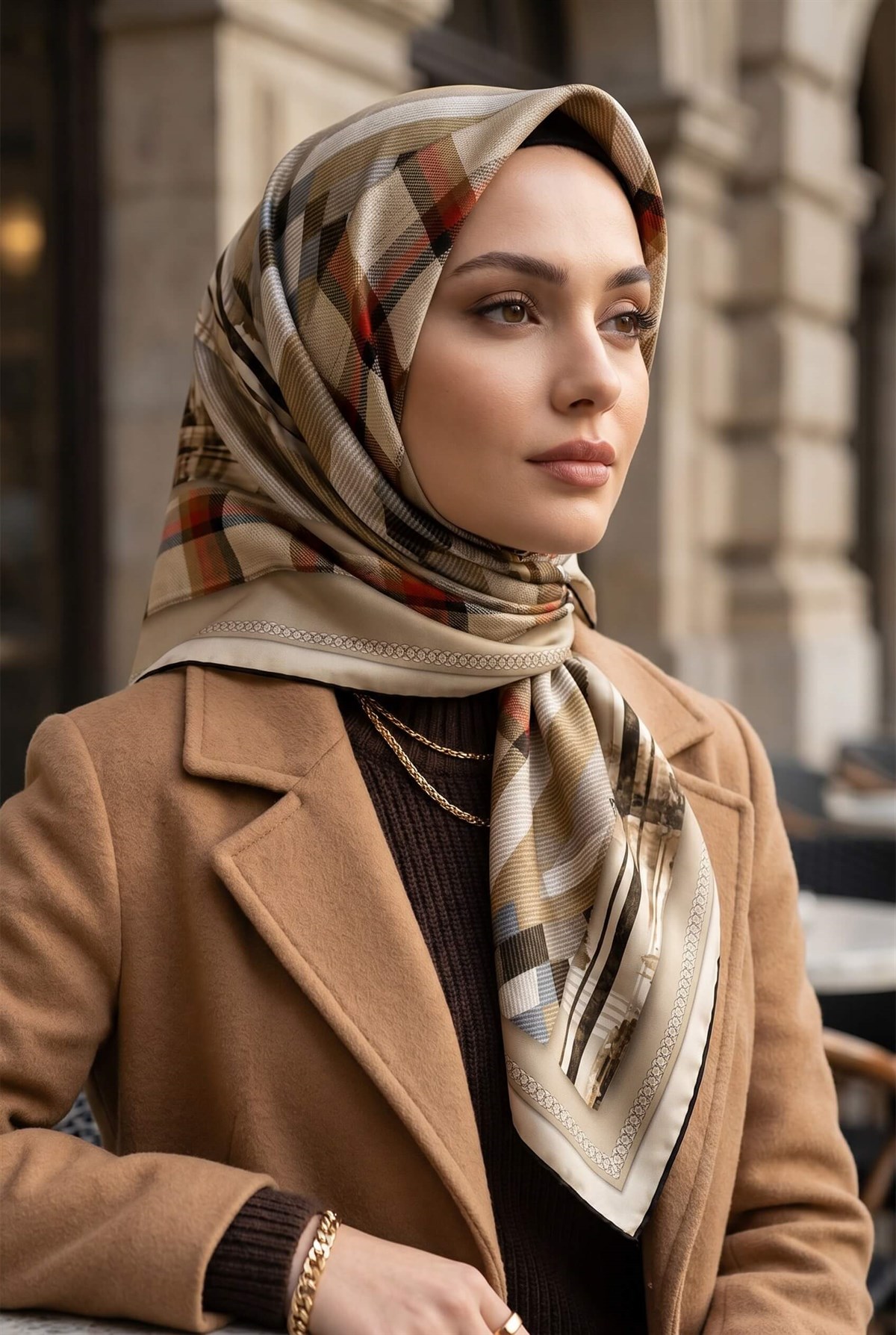 %100 Twill İpek Ekose Desenli Taş - Kırmızı Renkli 90x90 Eşarp Dikim Şekli : El Dikişi