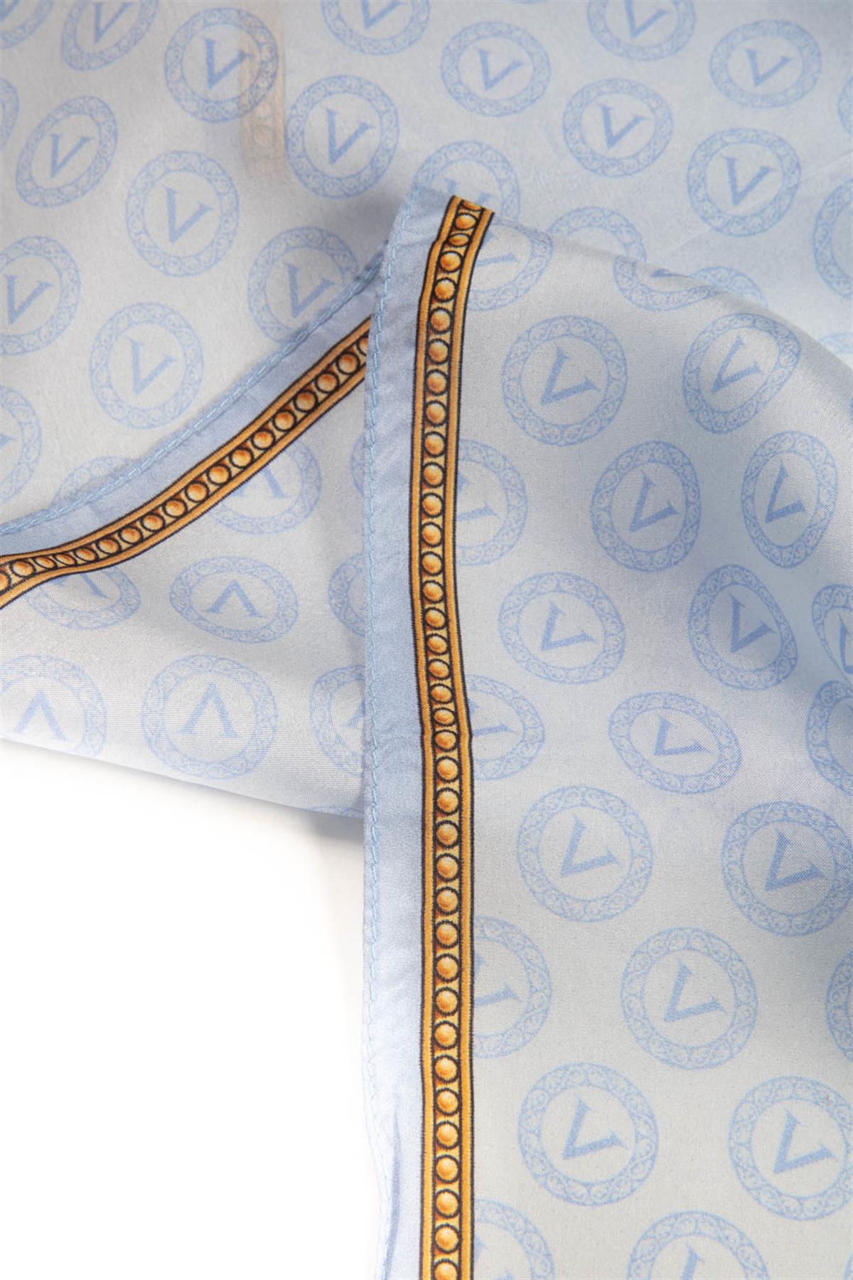 %100 İpek Degradeli Ve Monogram Desenli Bebe Mavisi - Gold Renkli 92x210 Şal