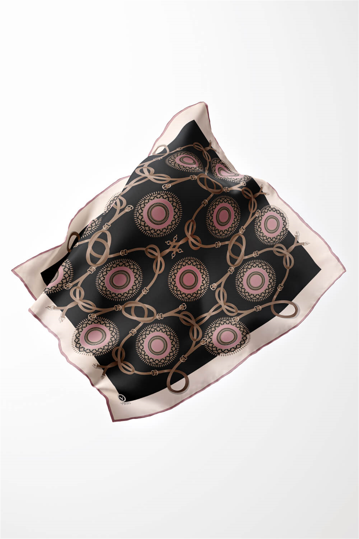 Twill Kemerli Ve Geometrik Desenli Pudra Renkli 90x90 Eşarp (İpek İçermez) Kenar Dikiş Şekli El Dikişli