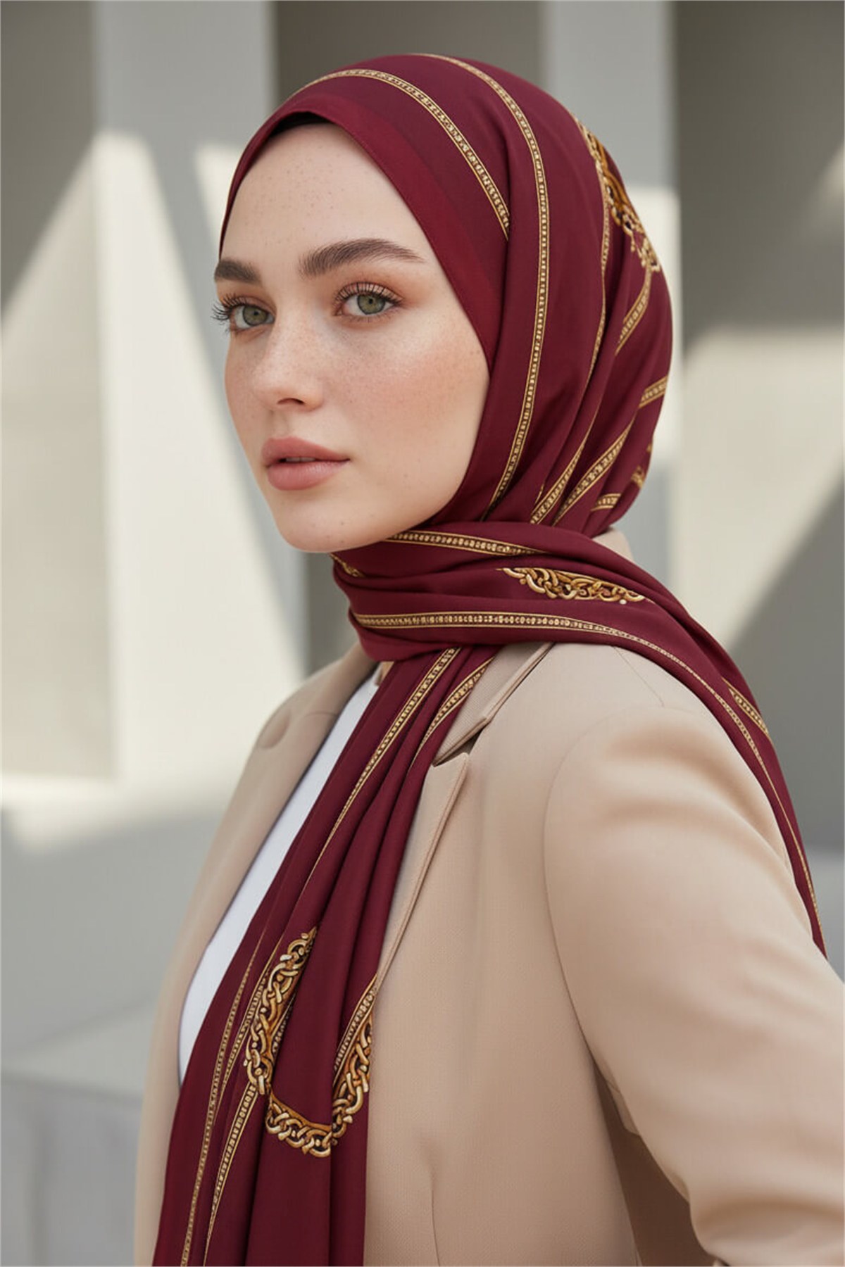 KREP ZİNCİR DESENLİ BORDO RENKLİ 75X195 KIRIŞMAZ ŞAL
