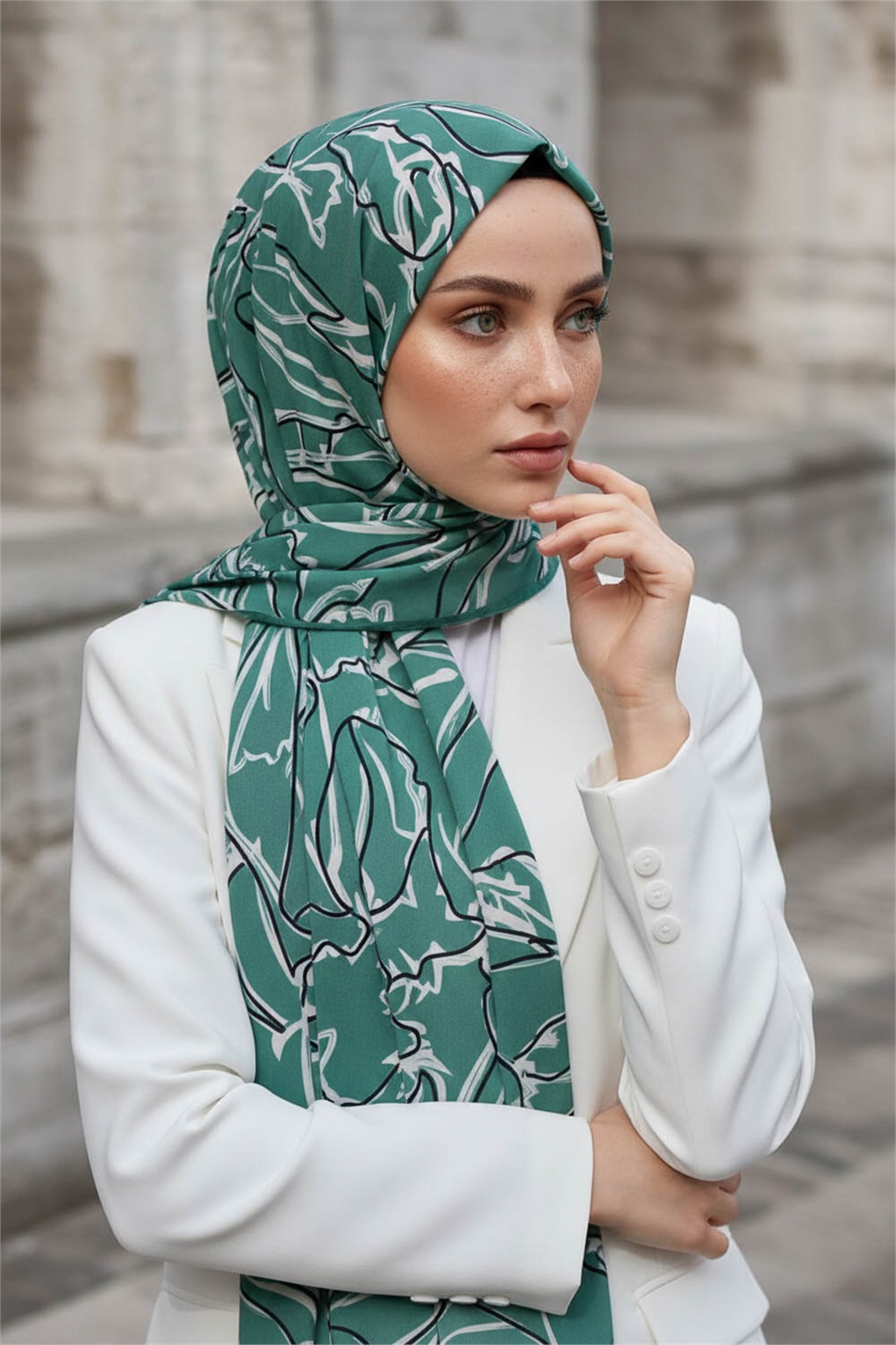 KREP YAPRAK DESENLİ KOYU MİNT YEŞİLİ RENKLİ 75X195 KIRIŞMAZ ŞAL