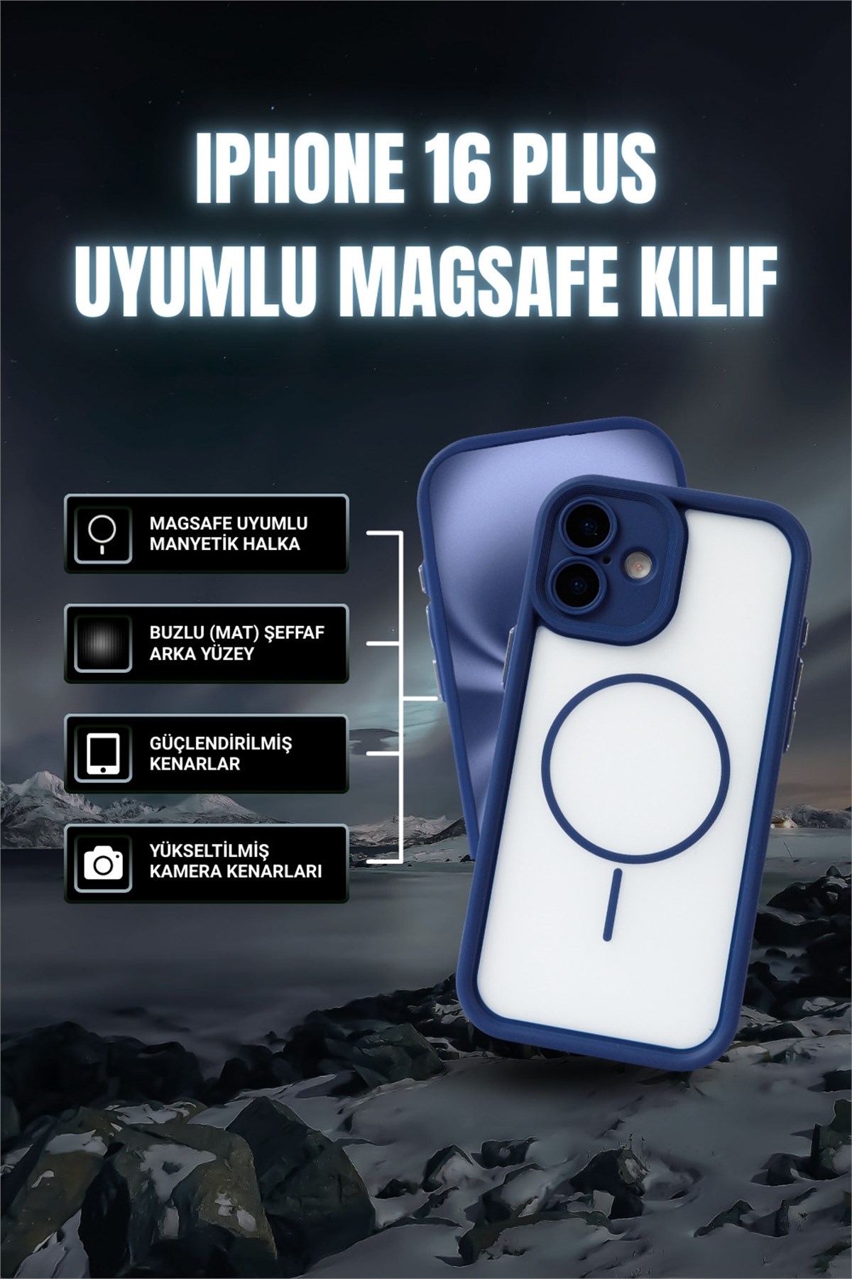 iPhone 16 Plus Kılıf – Kamera Korumalı – MagSafe Uyumlu – Lacivert Renk – Mat Silikon Telefon Kılıfı