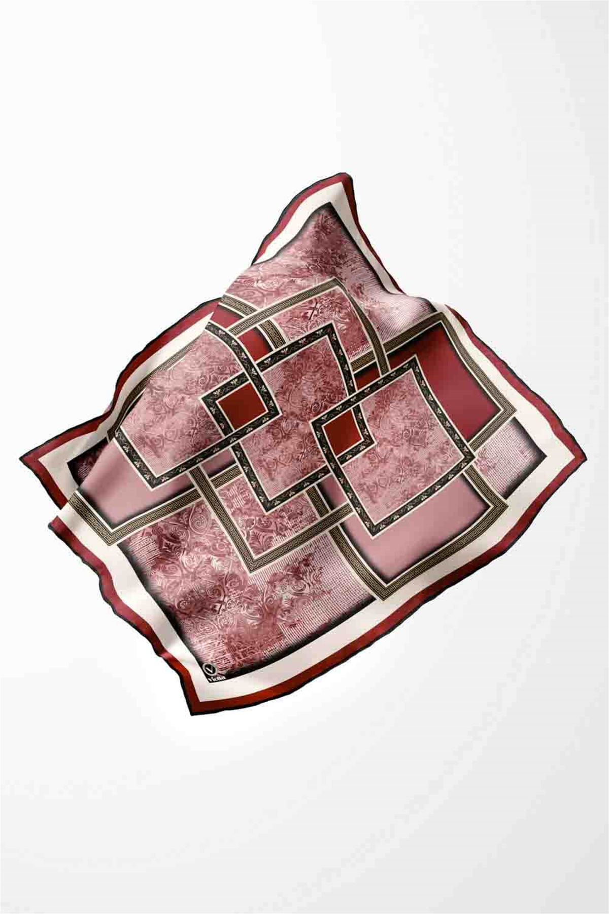Twill Geometrik Desenli Bordo Renkli 90x90 Eşarp (İpek İçermez) Kenar Dikiş Şekli El Dikişli