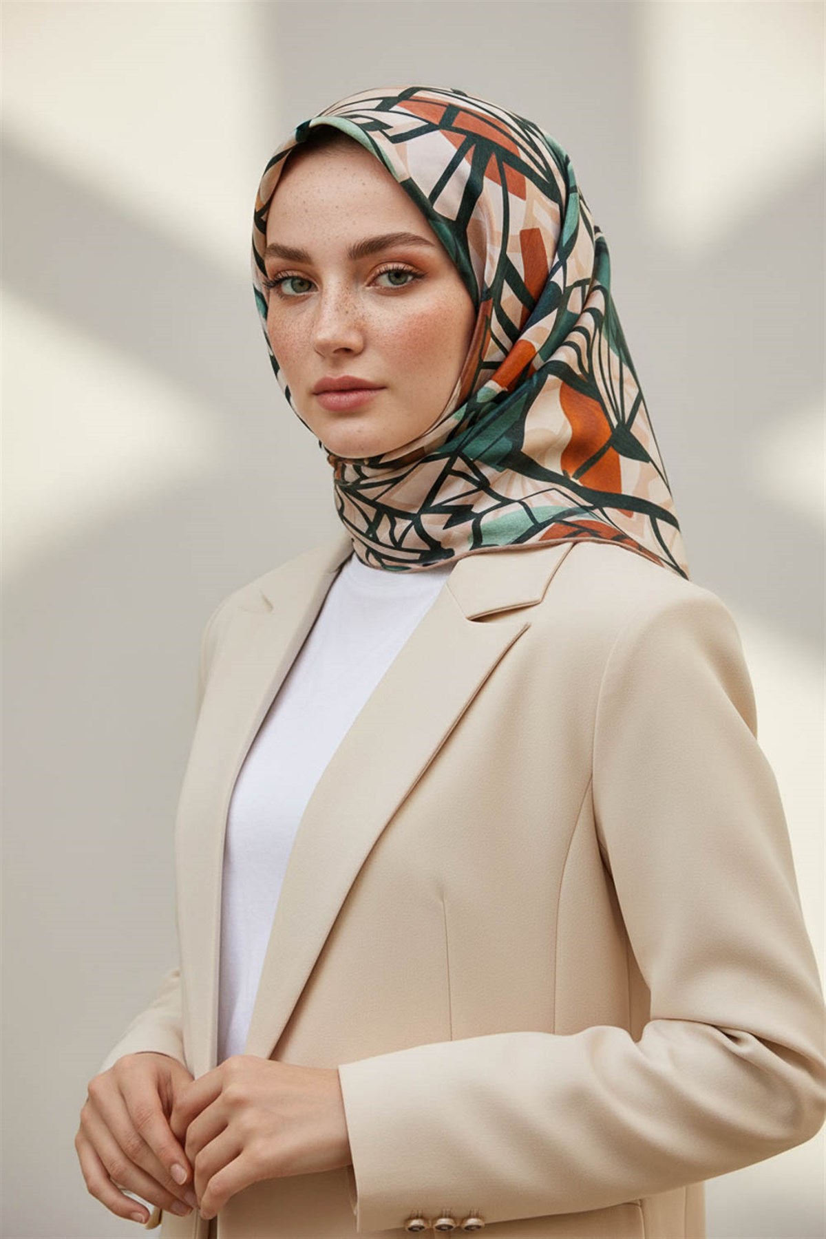 %100 Twill Renkli Petek Desenli Hardal - Petrol Yeşili Renkli 90x90 Eşarp Dikim Şekli: El Dikişii