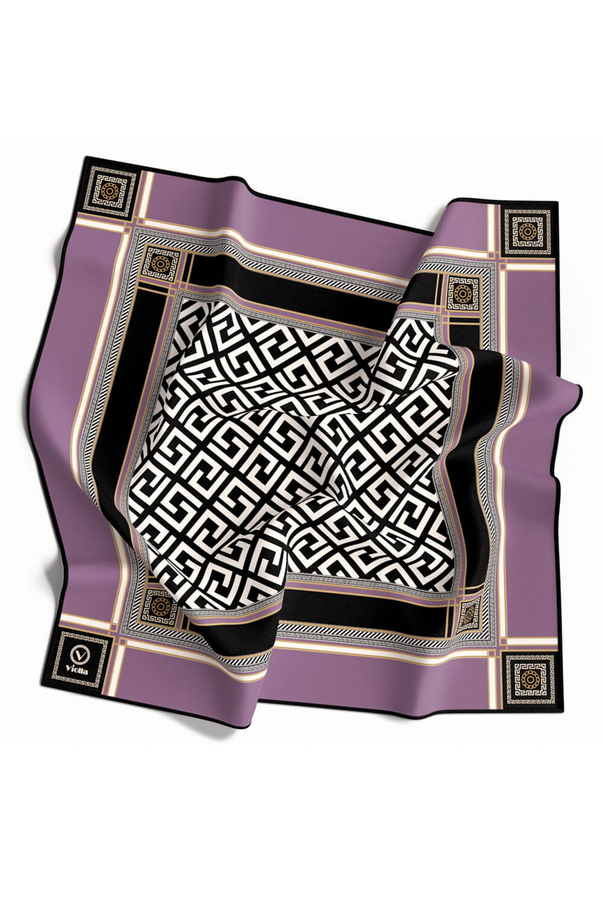 Twill Antik Desenli Lila Renkli 90x90 Eşarp (İpek İçermez) Kenar Dikiş Şekli El Dikişli
