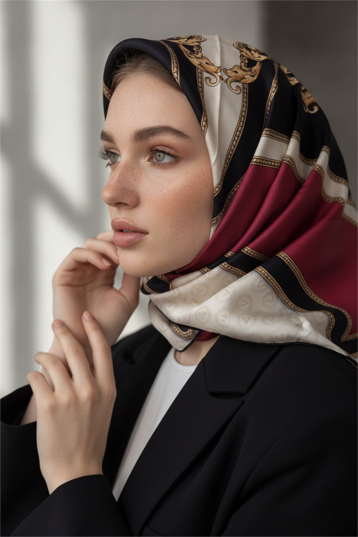 %100 Twill İpek Monogram ve Barok Desenli Bordo - Krem Renkli 90x90 Eşarp Dikim Şekli : El Dikişi