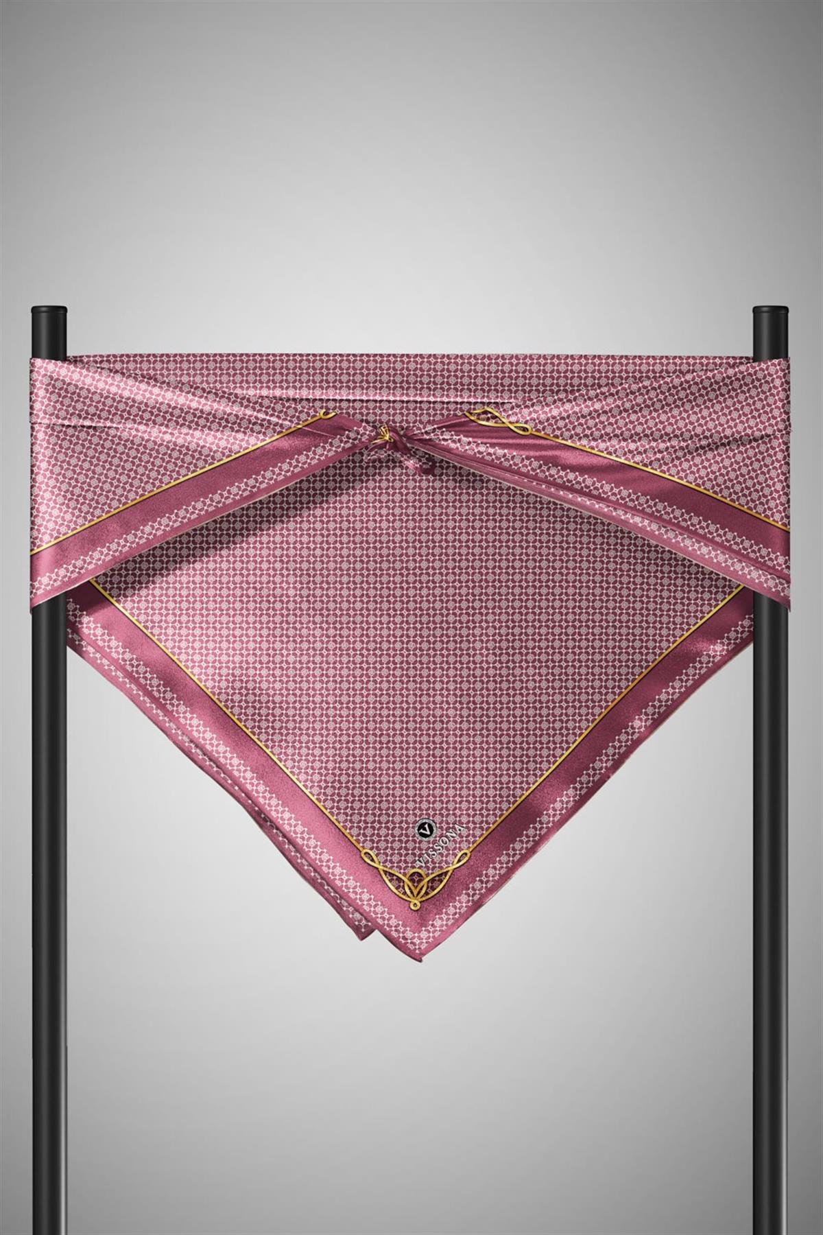 %100 Twill İpek Minik Motif Desenli Gül Kurusu - Krem Renkli 90x90 Eşarp Dikim Şekli : El Dikişi