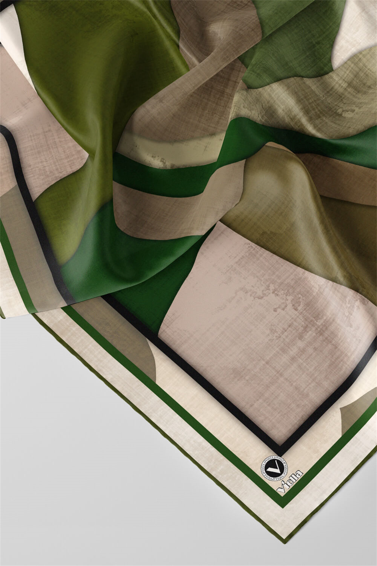 Twill Geometrik Desenli Haki Renkli 90x90 Eşarp (İpek İçermez) Kenar Dikiş Şekli El Dikişli