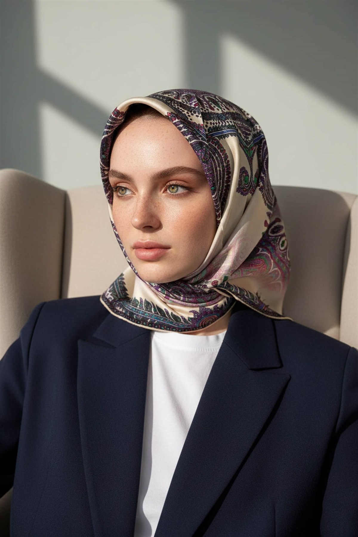 %100 Twill İpek Şal Desenli Krem Renkli 90x90 Eşarp Dikim Şekli : El Dikişi