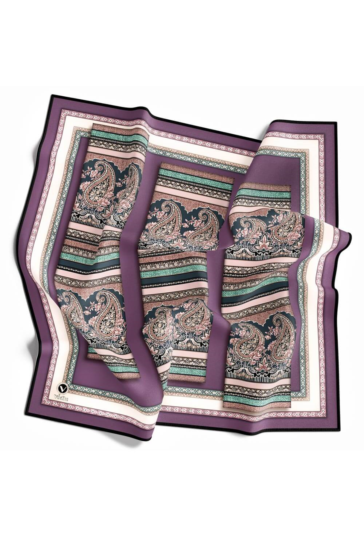 Twill Şal Desenli Lila Renkli 90x90 Eşarp (İpek İçermez) Kenar Dikiş Şekli El Dikişli