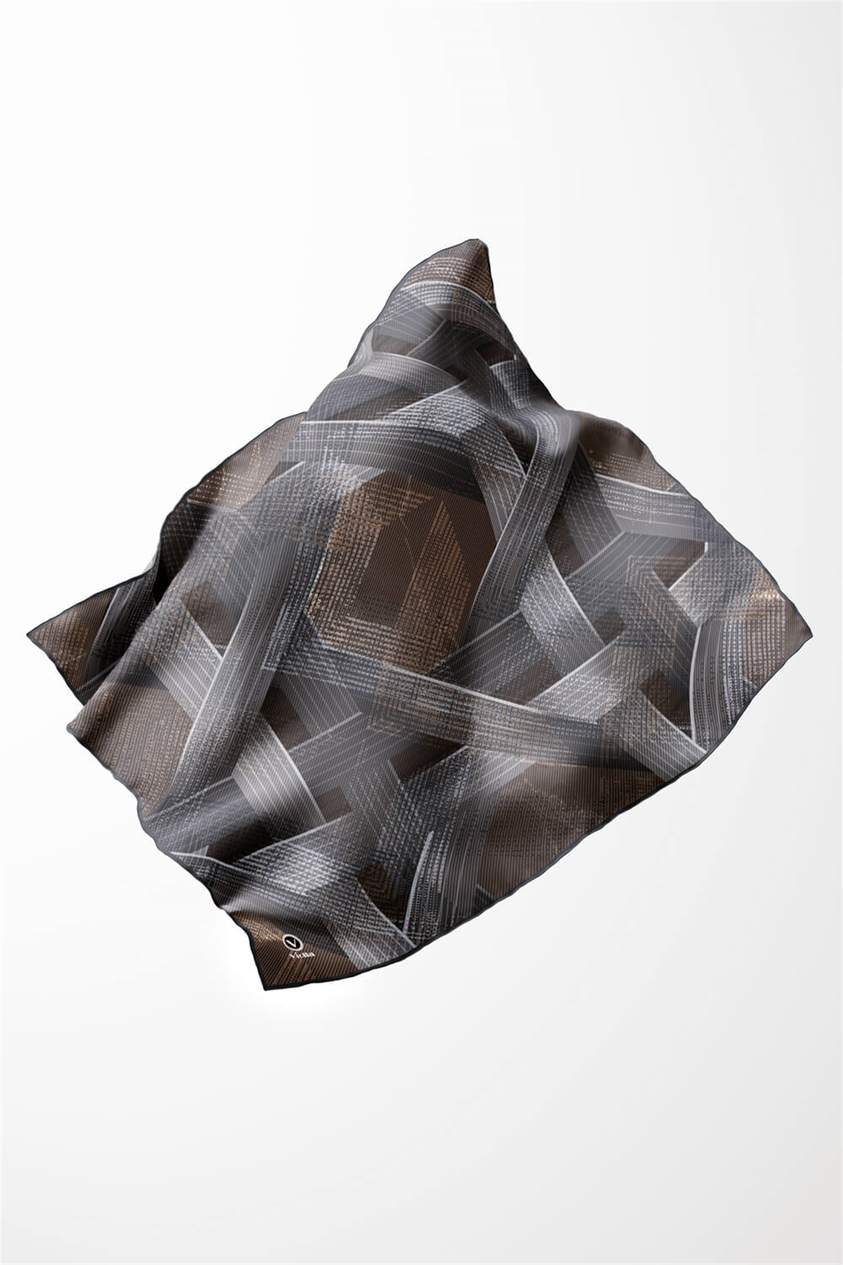Twill Dokulu Geometrik Desenli Gri - Bej Renkli 90x90 Eşarp (İpek İçermez) Kenar Dikiş Şekli El Dikişli
