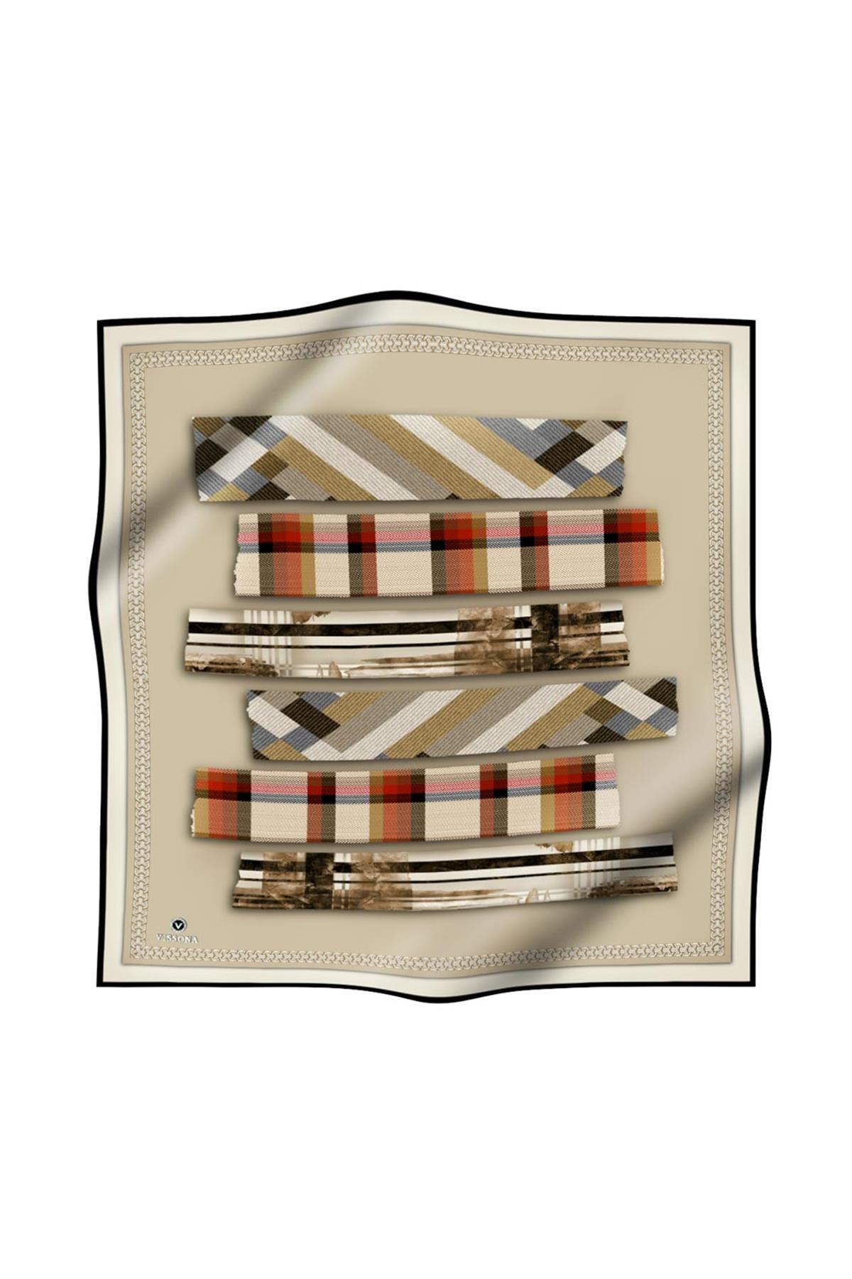 %100 Twill İpek Ekose Desenli Taş - Kırmızı Renkli 90x90 Eşarp Dikim Şekli : El Dikişi