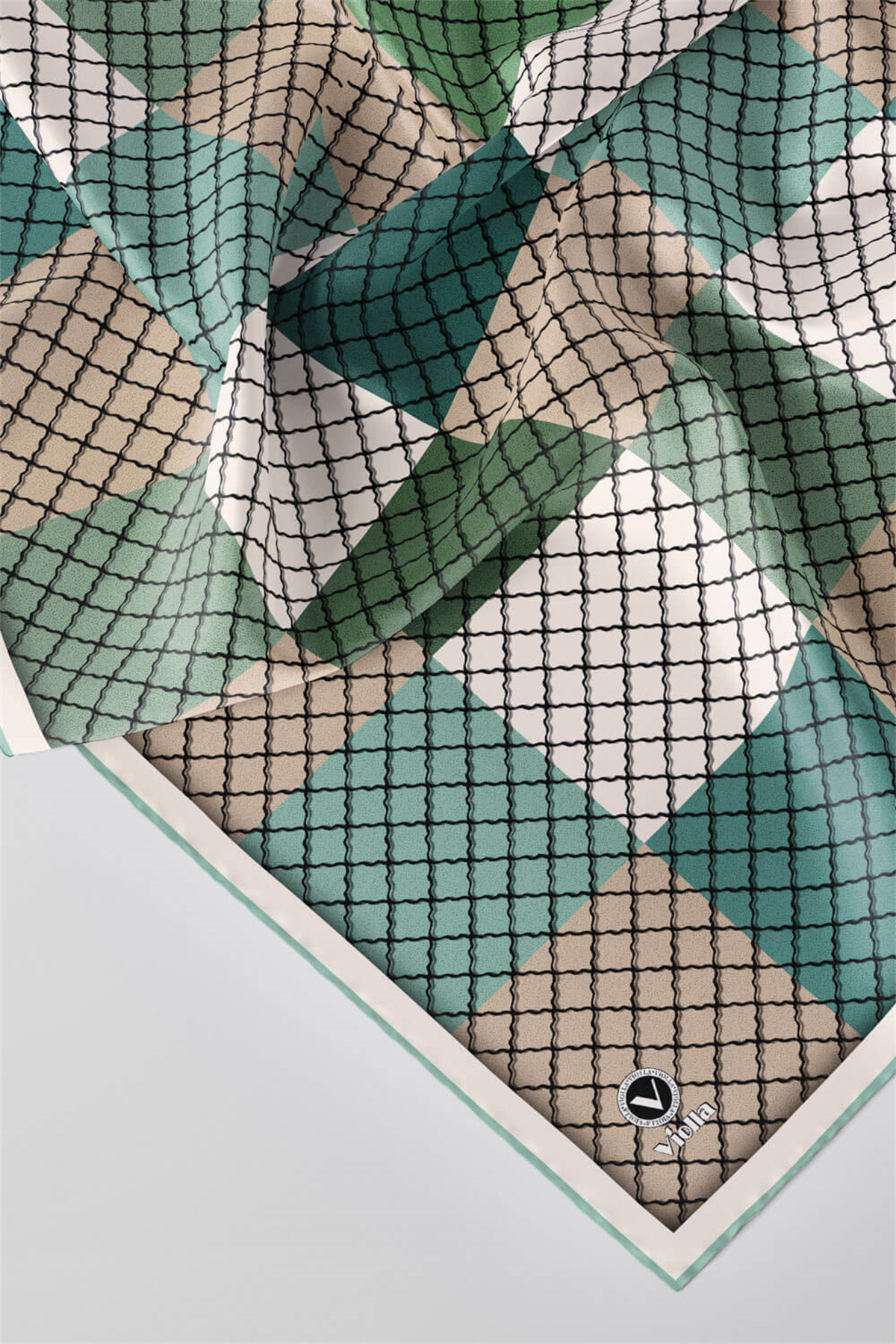 Twill Kare Desenli Koyu Mint Yeşili Renkli 90x90 Eşarp (İpek İçermez) Kenar Dikiş Şekli El Dikişli