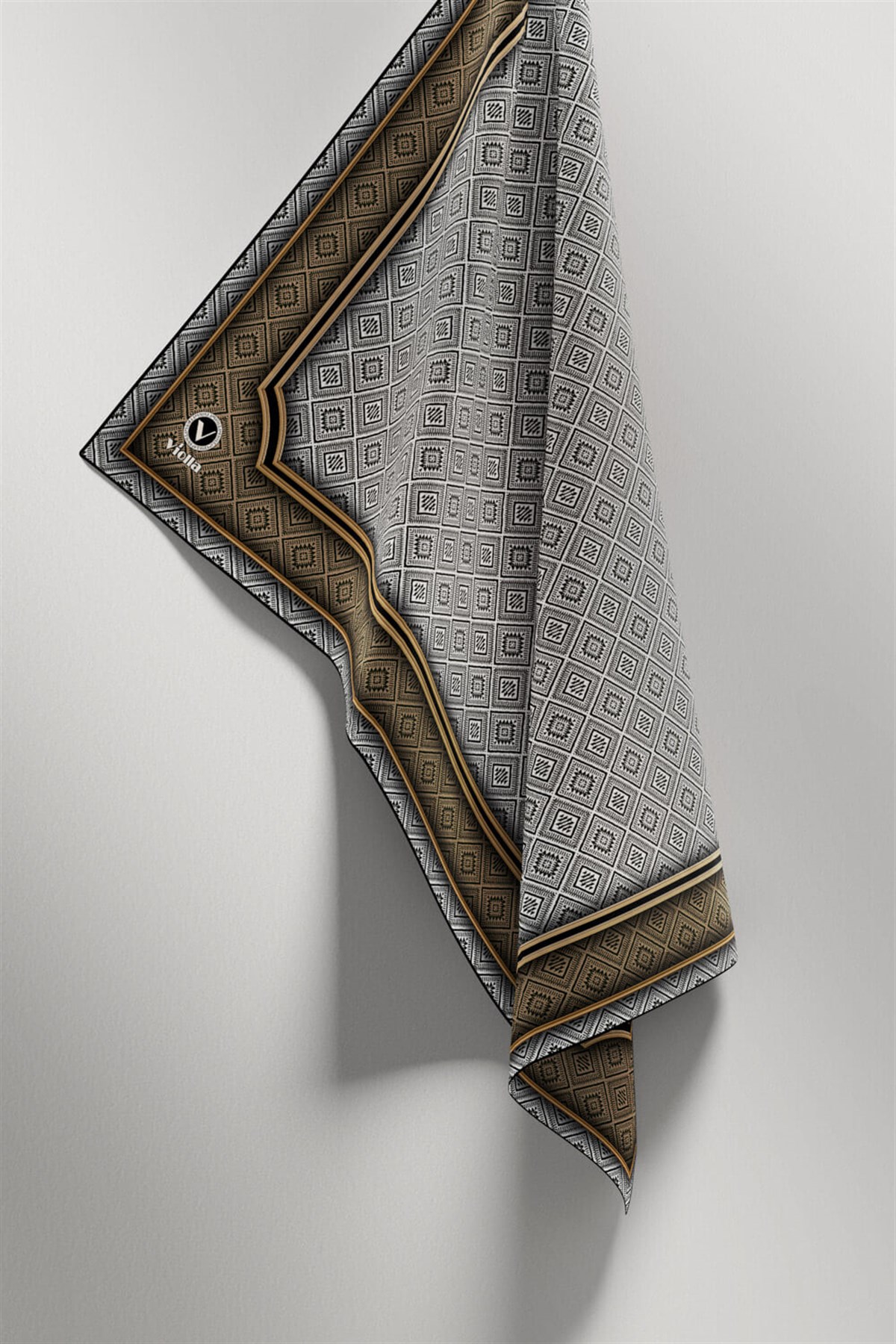 Twill Geometrik Çıtır Desenli Vizon Renkli 90x90 Eşarp (İpek İçermez) Kenar Dikiş Şekli El Dikişli