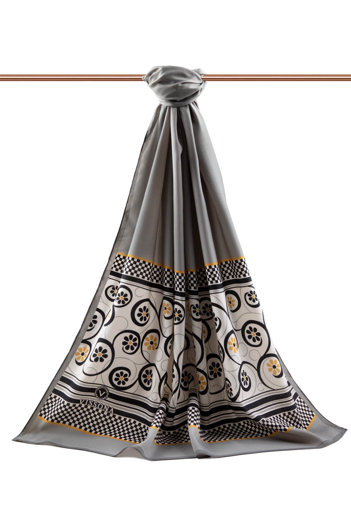 KREP KENAR MOTİFİ ÇİÇEK DESENLİ GÜMÜŞ RENKLİ 75X195 KIRIŞMAZ ŞAL