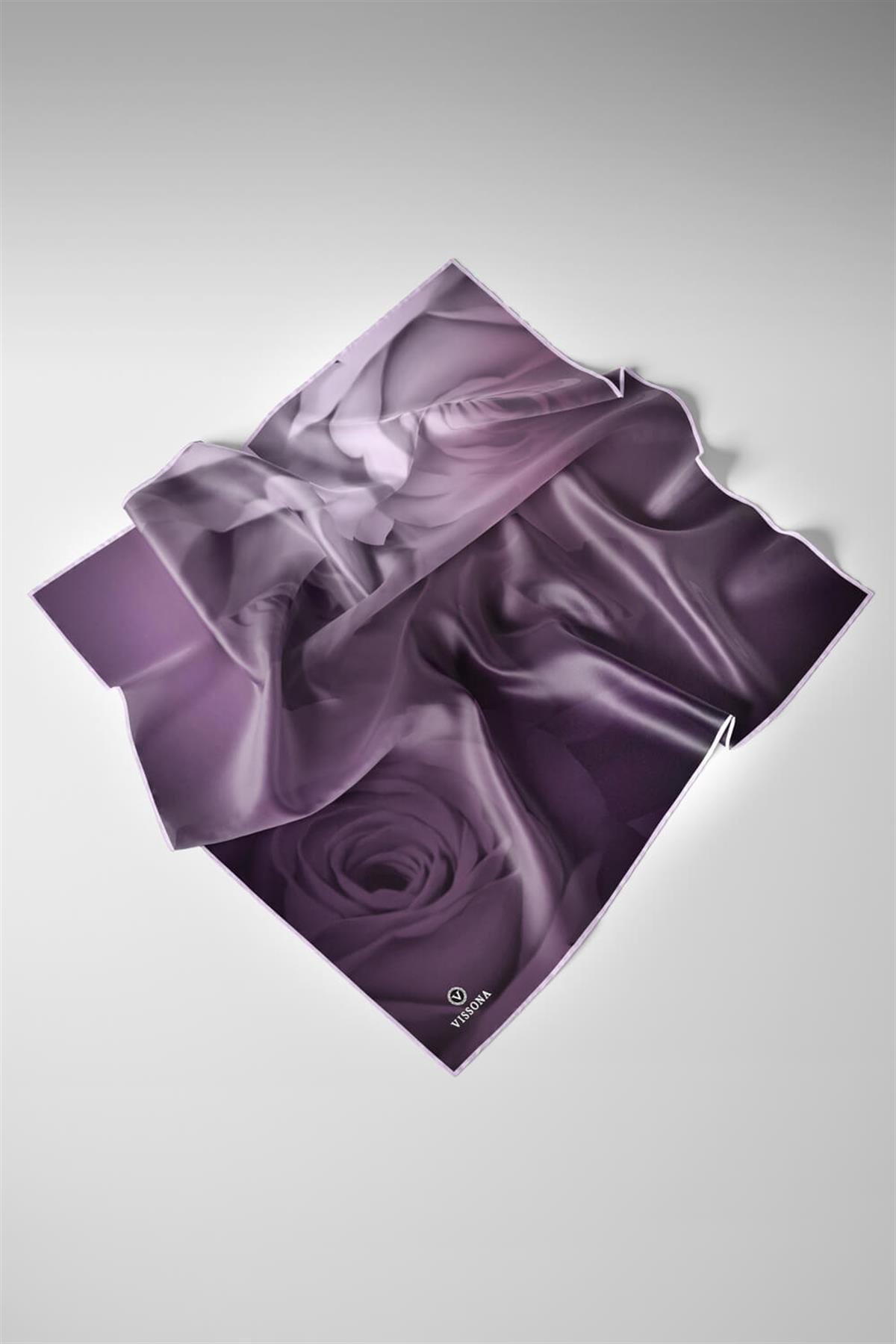 %100 Twill İpek Gül Desenli Gül Kurusu - Mürdüm Renkli 90x90 Eşarp Dikim Şekli : El Dikişi