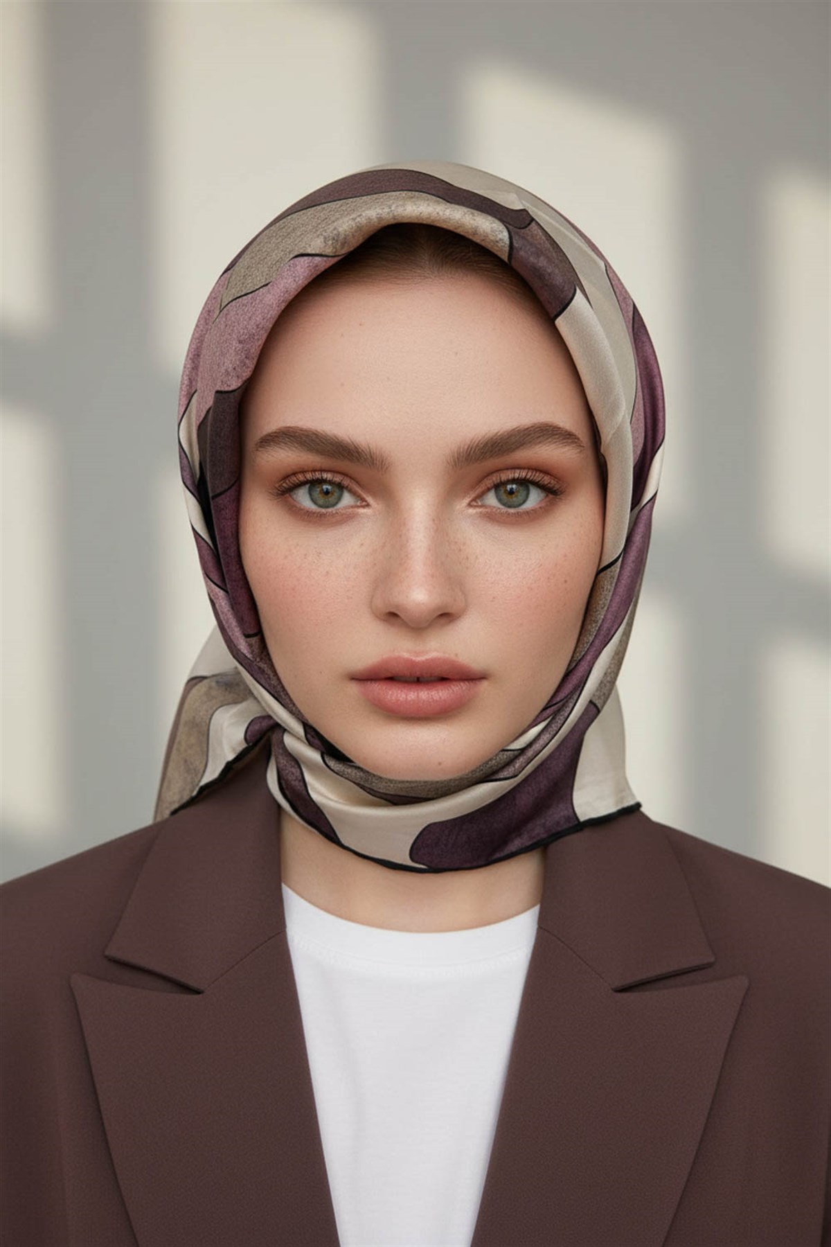 %100 Twill İpek Geometrik Desenli Pudra - Somon Renkli 90x90 Eşarp Dikim Şekli : El Dikişi