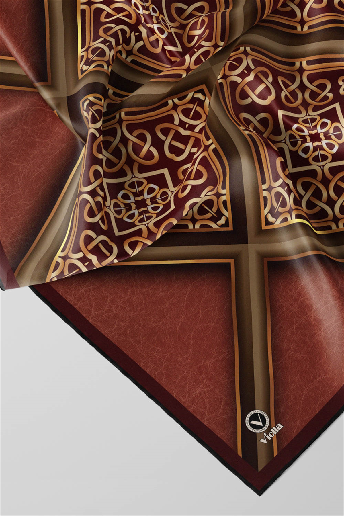 Twill Gold Çerçeveli Barok Desenli Taba Renkli 90x90 Eşarp (İpek İçermez) Kenar Dikiş Şekli El Dikişli