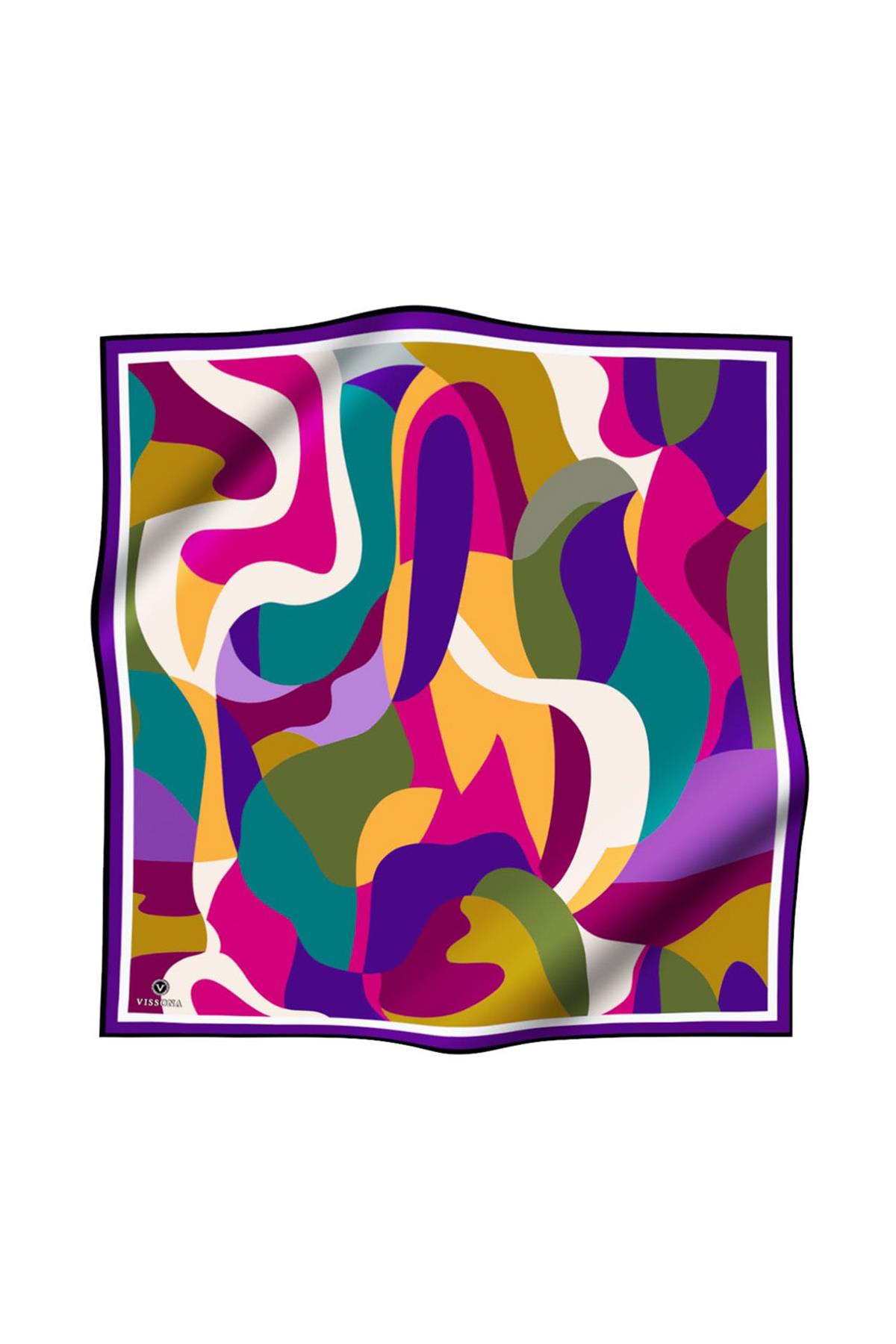 %100 Twill İpek Geometrik Desenli Mor - Petrol Yeşili Renkli 90x90 Eşarp Dikim Şekli : El Dikişi