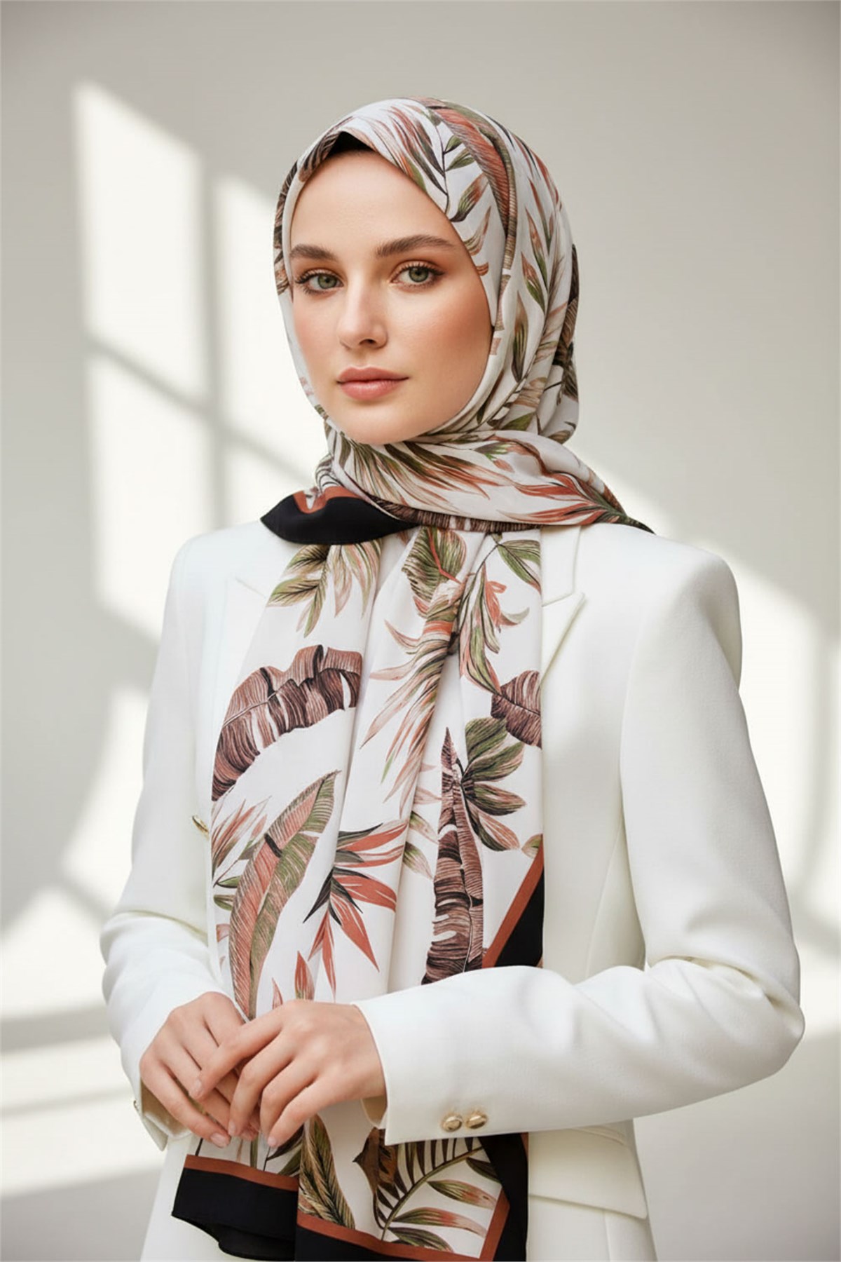 KREP YAPRAK DESENLİ HAKİ - TABA RENKLİ 75X195 KIRIŞMAZ ŞAL