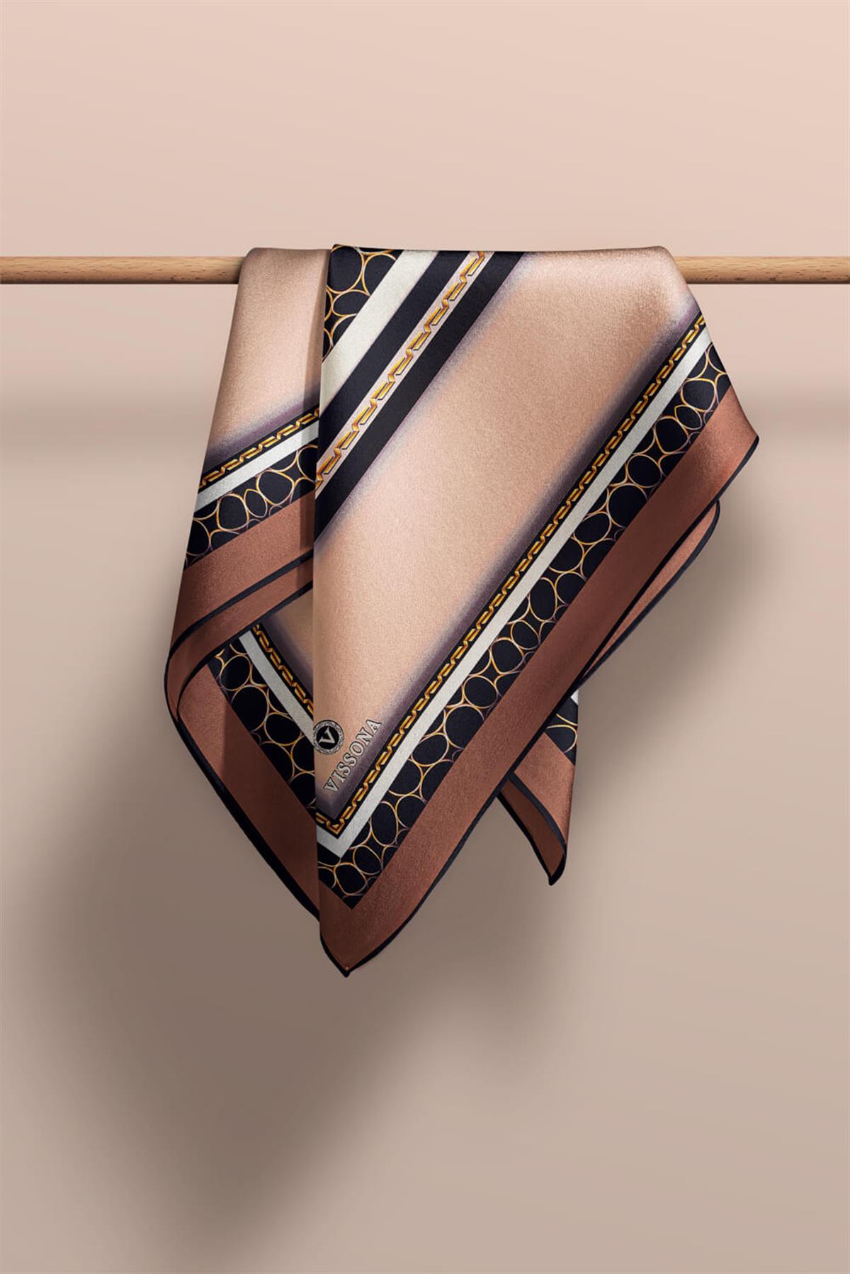 %100 Twill İpek Gold Halka Desenli Bej - Kahverengi Renkli 90x90 Eşarp Dikim Şekli : El Dikişi