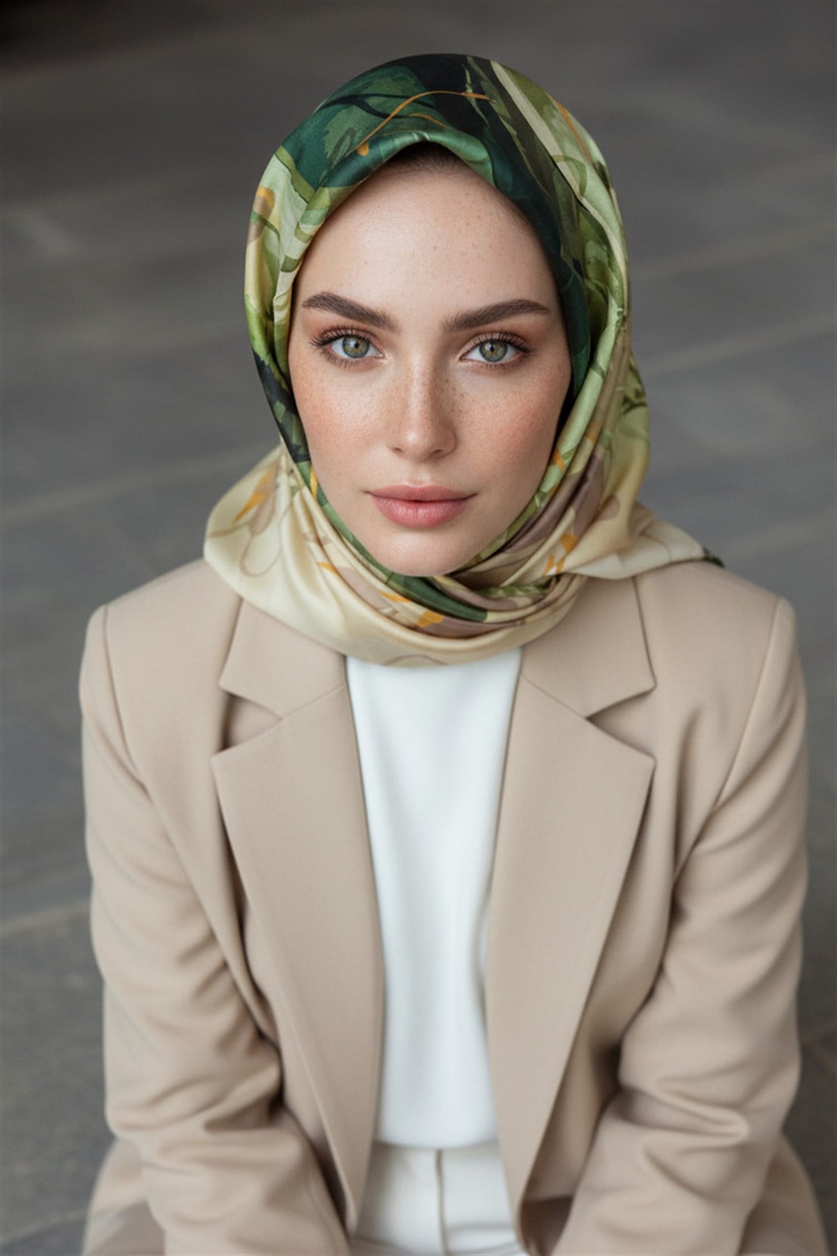 %100 Twill İpek Çiçekli Sulu Boya Dalga Desenli Haki Yeşili - Zümrüt Yeşili  Renkli 90x90 Eşarp Dikim Şekli : El Dikişi