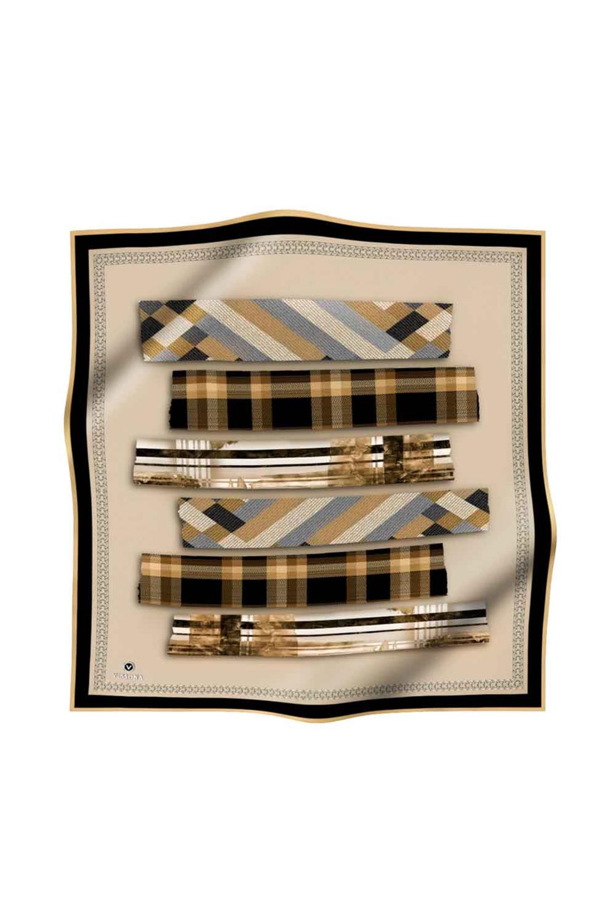 %100 Twill İpek Ekose Desenli Gold - Siyah Renkli 90x90 Eşarp Dikim Şekli : El Dikişi