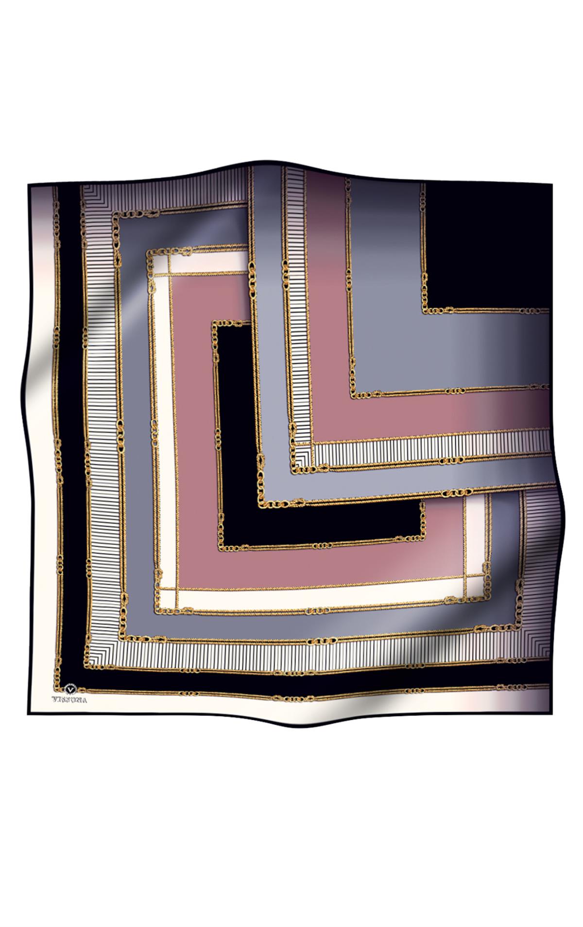 %100 Twill İpek Zincir Detaylı Geometrik Desenli Gri - Pudra Renkli 90x90 Eşarp Dikim Şekli : El Dikişi