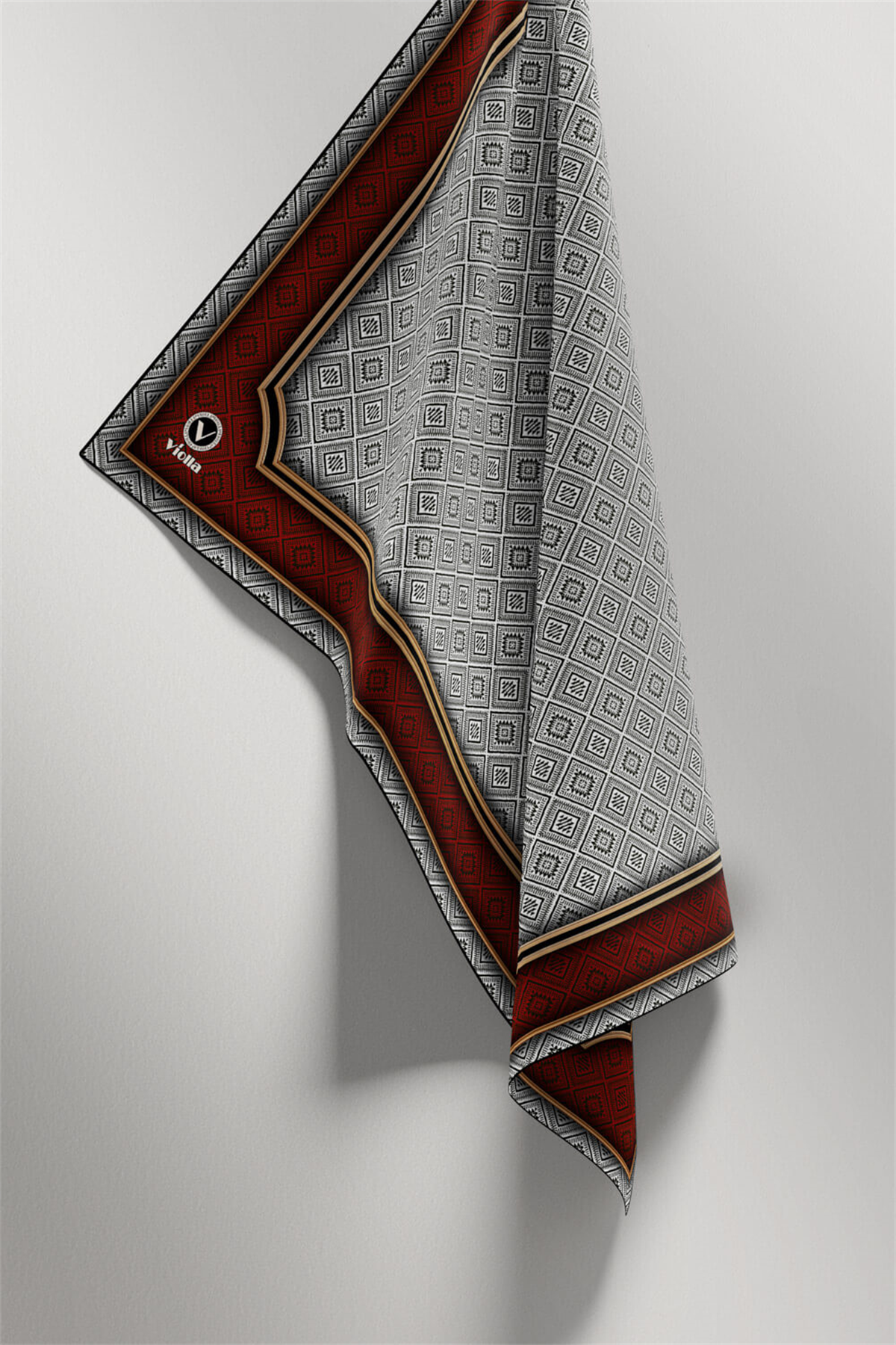 Twill Geometrik Çıtır Desenli Bordo Renkli 90x90 Eşarp (İpek İçermez) Kenar Dikiş Şekli El Dikişli