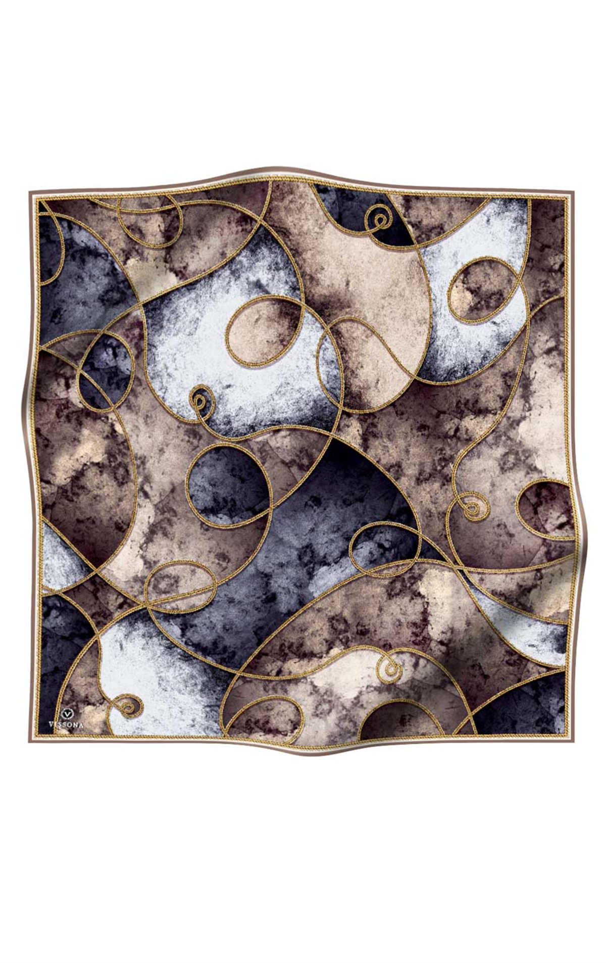 % 57 İPEK % 43 VİSKON Twill İpek Zincirli Mermer Desenli Bej - Gri Renkli 90x90 Eşarp Dikim Şekli : El Dikişi