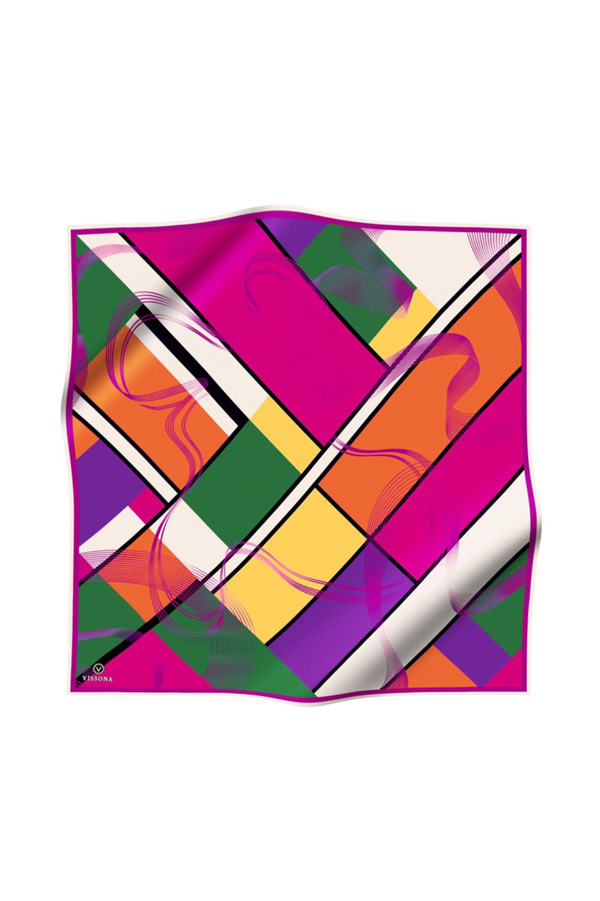 %100 Twill İpek Geometrik Desenli Fuşya - Mor Renkli 90x90 Eşarp Dikim Şekli : El Dikişi