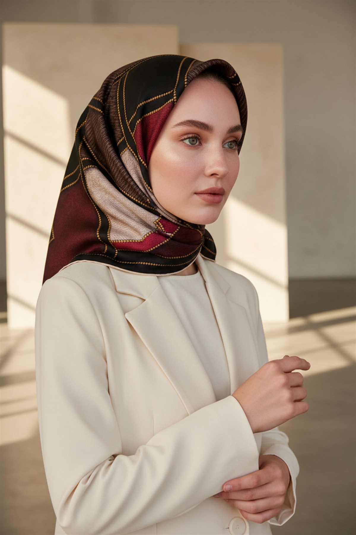 100% Twill İpek Gold Detaylı Kare Desenli Siyah - Bordo Renkli 90x90 Dikim Şekli : El Dikişi
