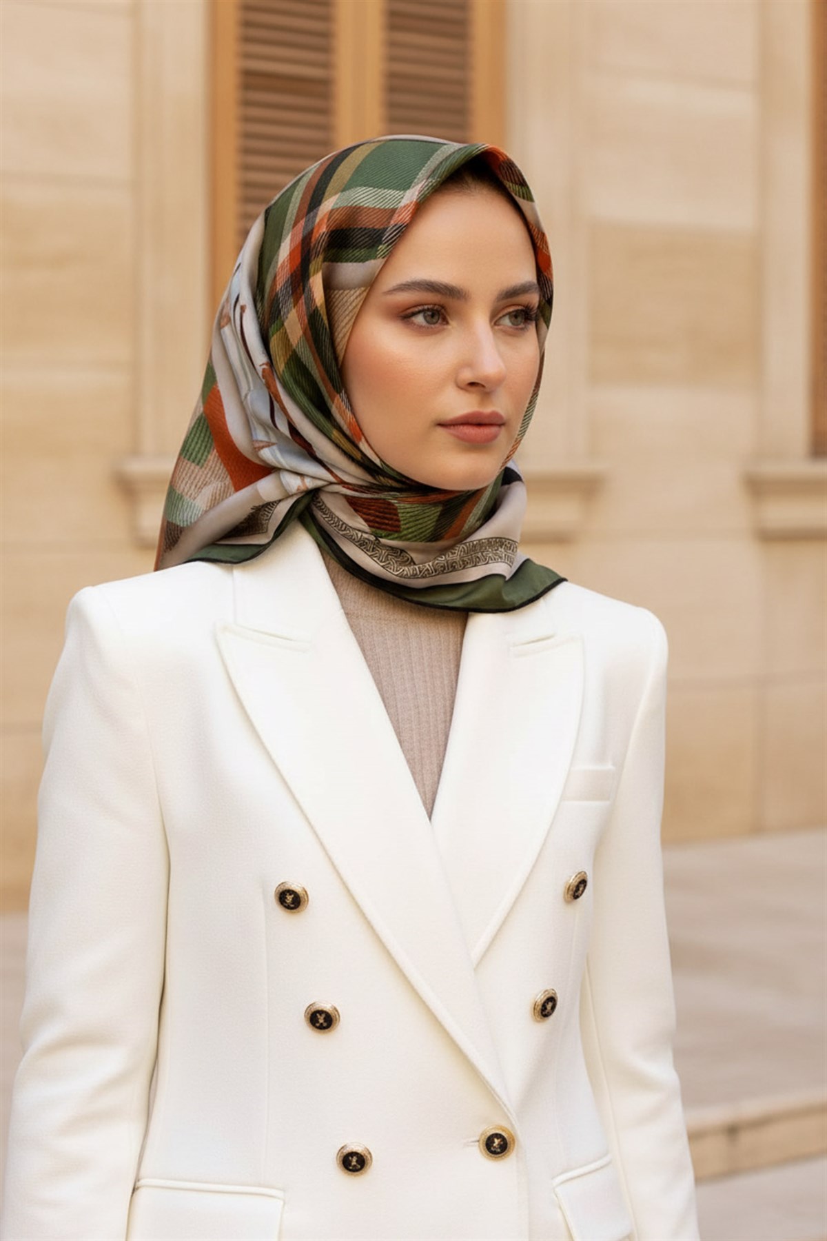 %100 Twill İpek Ekose Desenli Haki - Taba Renkli 90x90 Eşarp Dikim Şekli : El Dikişi