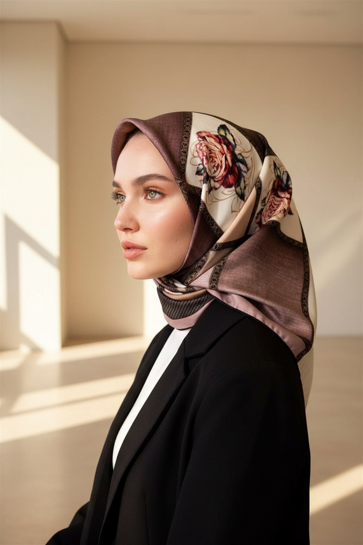 %100 Twill İpek Dokulu Çiçekli Ve Geometrik Desenli Pudra - Bej Renkli 90x90 Eşarp Dikim Şekli : El Dikişi