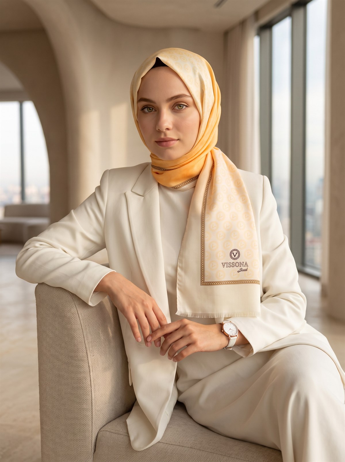 %100 Saf İpek Şal İnce Saten Vual Dokuma Degradeli Ve Monogram Desenli Sarı - Gold Renkli 90x210 Şal