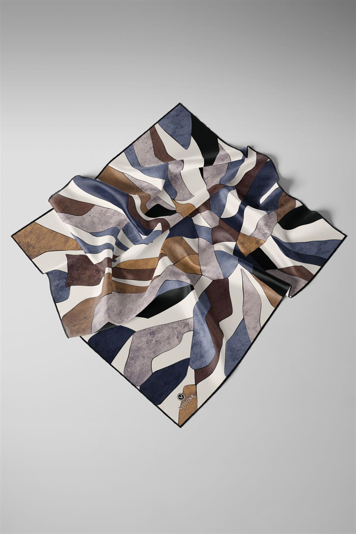 %100 Twill İpek Geometrik Desenli Bej - Gri Renkli 90x90 Eşarp Dikim Şekli : El Dikişi