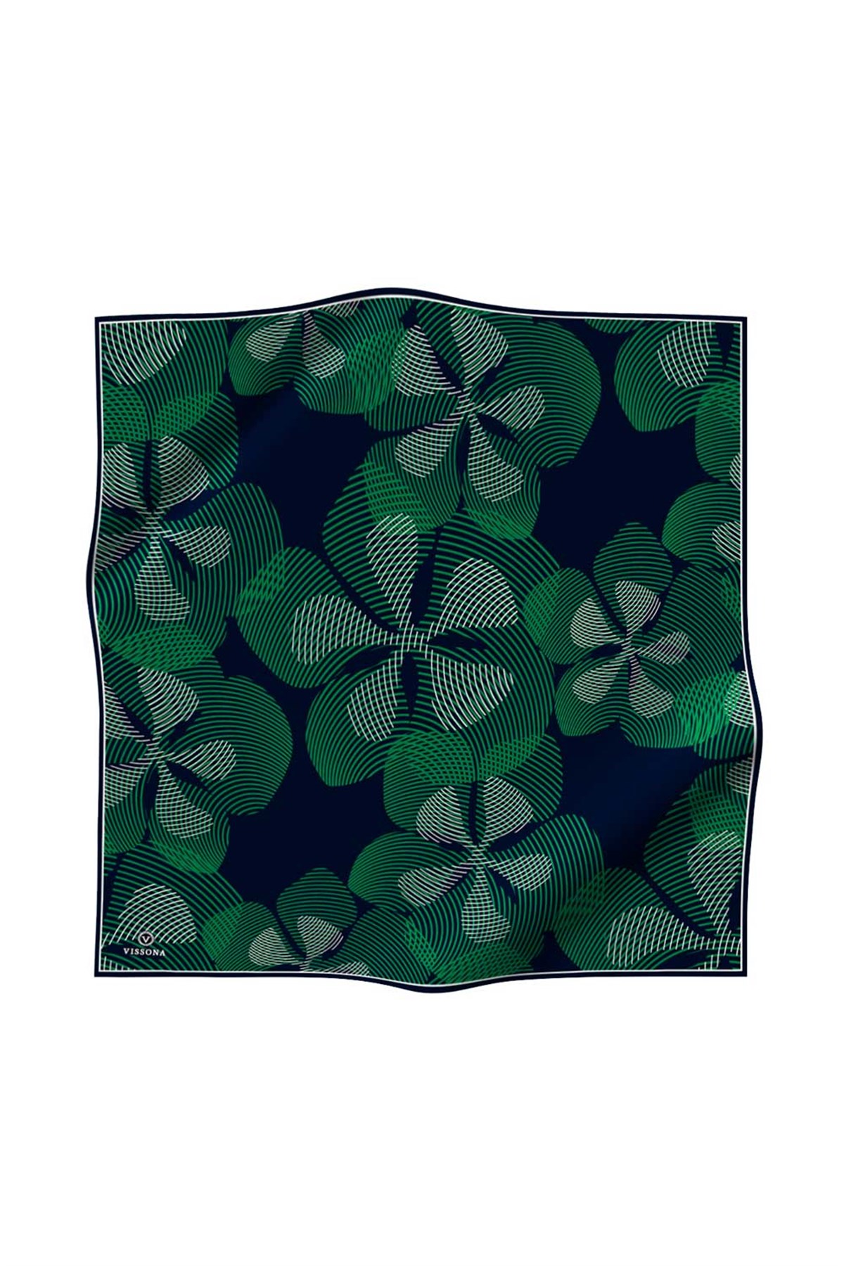 %100 Twill İpek Çizgili Çiçek Desenli Lacivert - Zümrüt Yeşili Renkli 90x90 Eşarp Dikim Şekli : El Dikişi