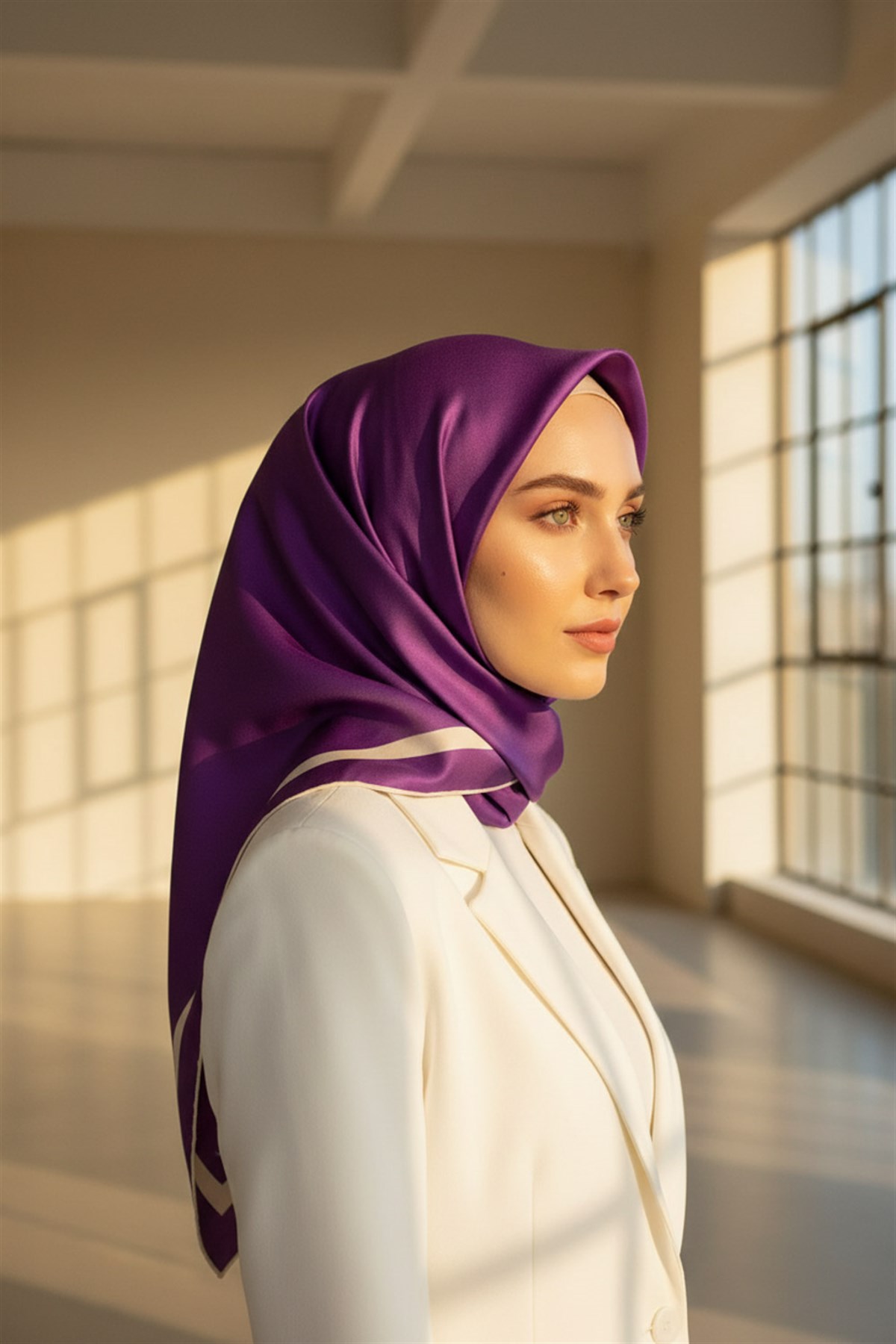 100% Twill İpek Düz Renk Bordür Desenli Mor - Krem Renkli Daha Tok Exclusive Serisi 90x90 Dikim Şekli : El Dikişi Eşarp