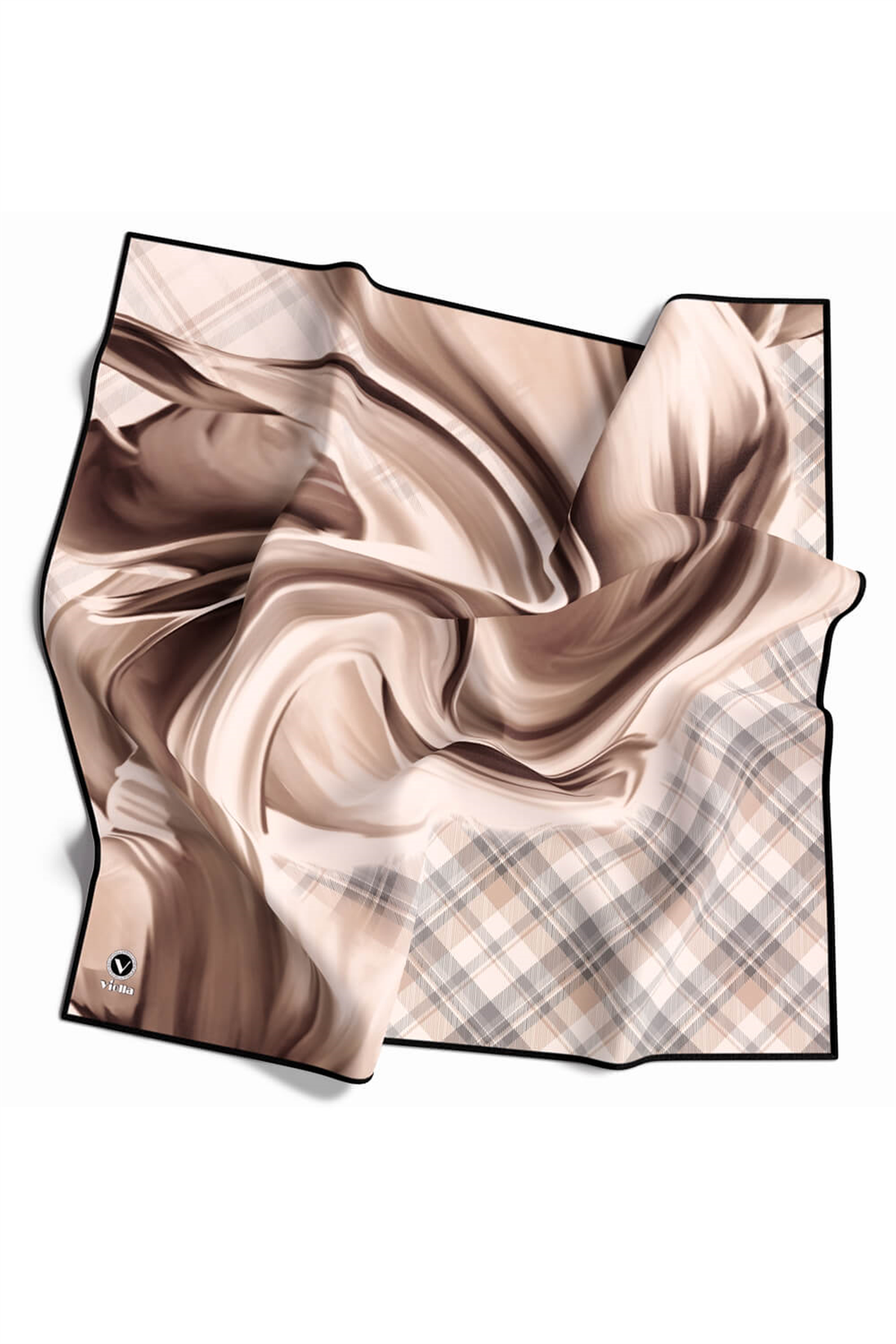 Twill Dalga ve Ekose Desenli Bej Renkli 90x90 Eşarp (İpek İçermez)Kenar Dikiş Şekli El Dikişli