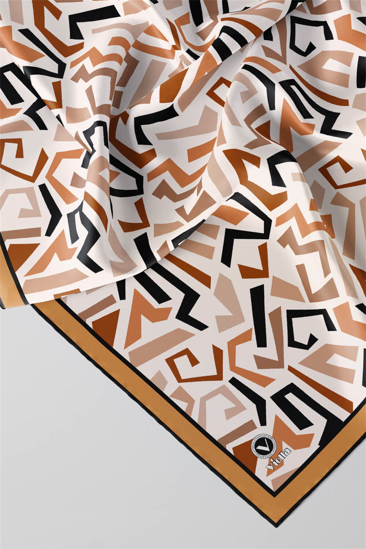 Twill Geometrik Desenli Hardal Renkli 90x90 Eşarp (İpek İçermez) Kenar Dikiş Şekli El Dikişli