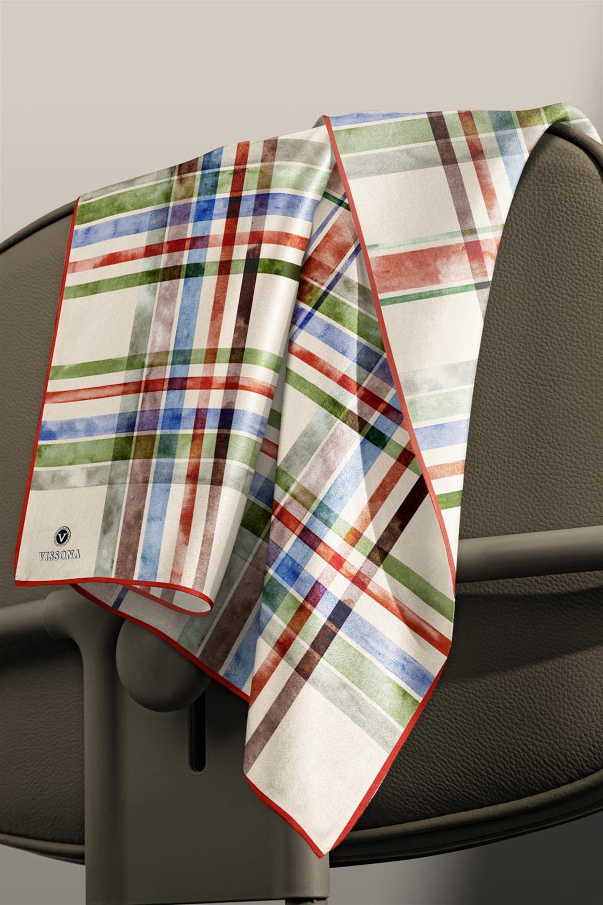 %100 Twill İpek Ekose Desenli Taba - Haki Renkli 90x90 Eşarp Kenar Dikiş Şekli El Dikişli