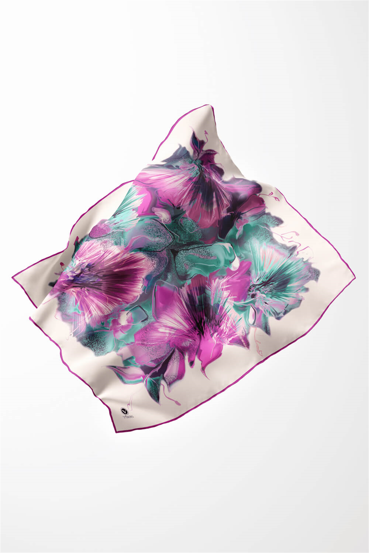 Twill Çiçek Desenli Fuşya - Mint Yeşili Renkli 90x90 Eşarp (İpek İçermez) Kenar Dikiş Şekli El Dikişli
