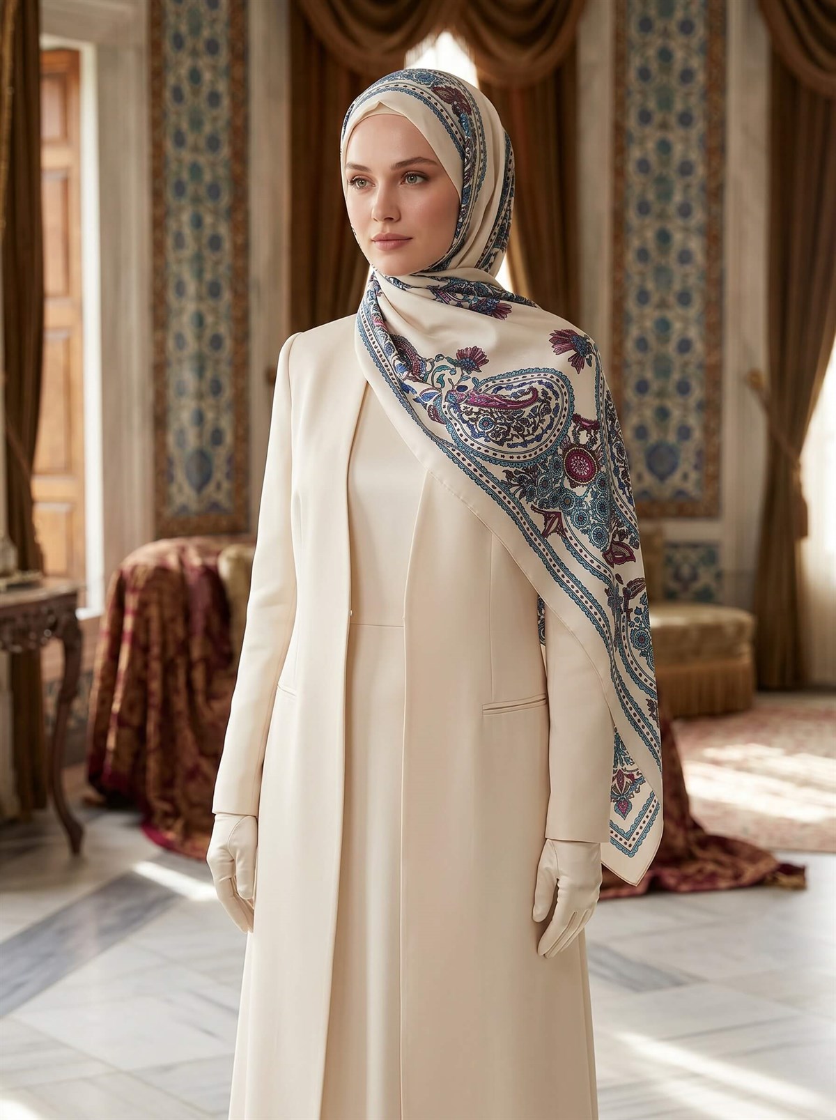 100% İpek Etro Desenli Krem - Mürdüm Renkli 92x210 Şal