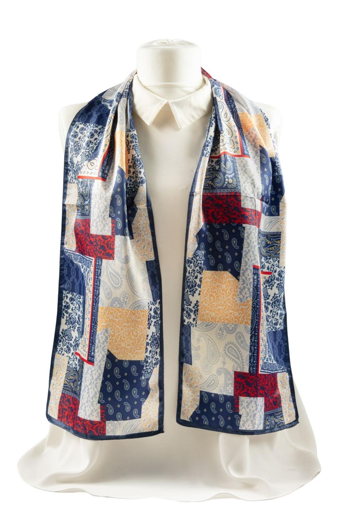 I71 Modabutik Şal Desenli Mavi Kırmızı Fular