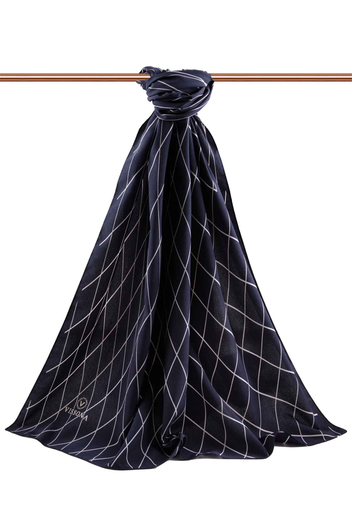 LÜKS MEDİNE İPEĞİ GEOMETRİK DESENLİ LACİVERT - KREM RENKLİ 75X195 KIRIŞMAZ ŞAL MOSS KREP DİKİŞ TİPİ İTALYAN DİKİŞLİ